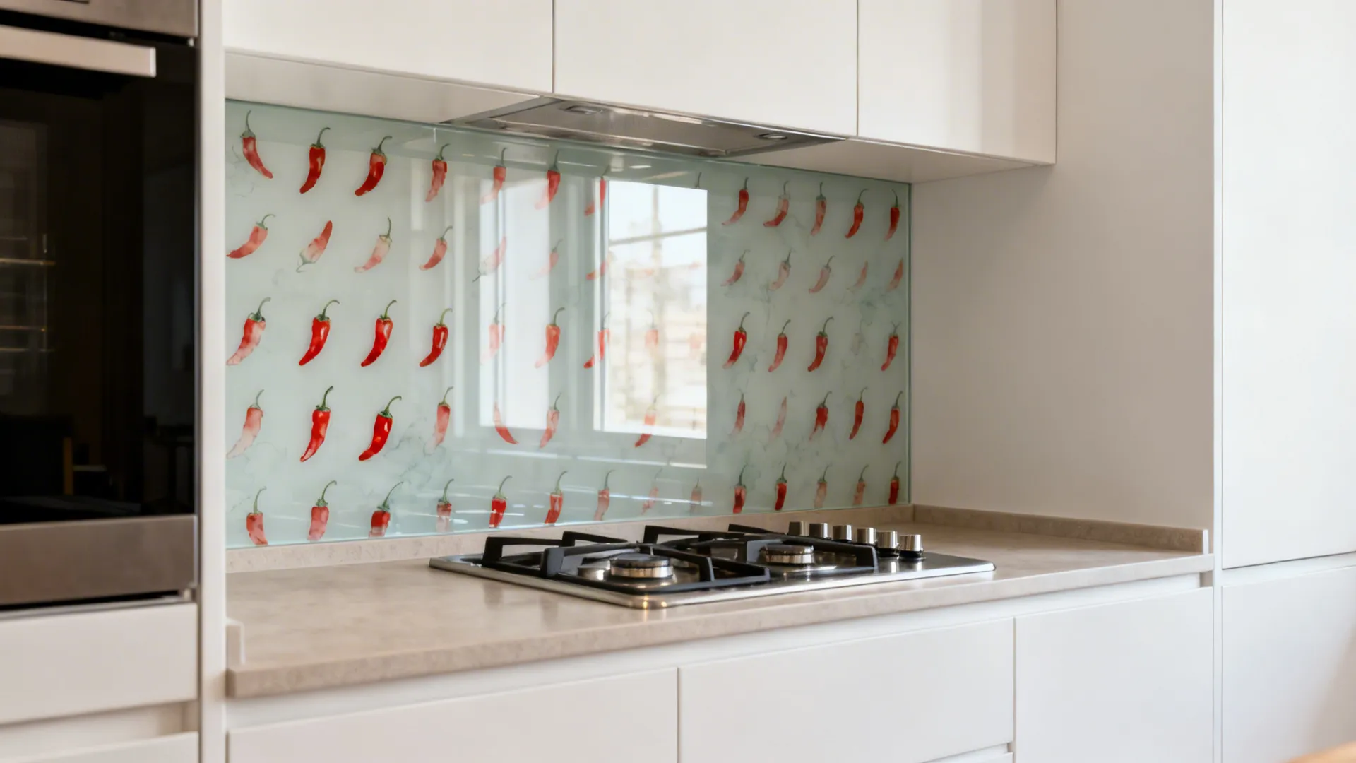 Tempered glass backsplash with watercolor chili motif behind a modern cooktop.