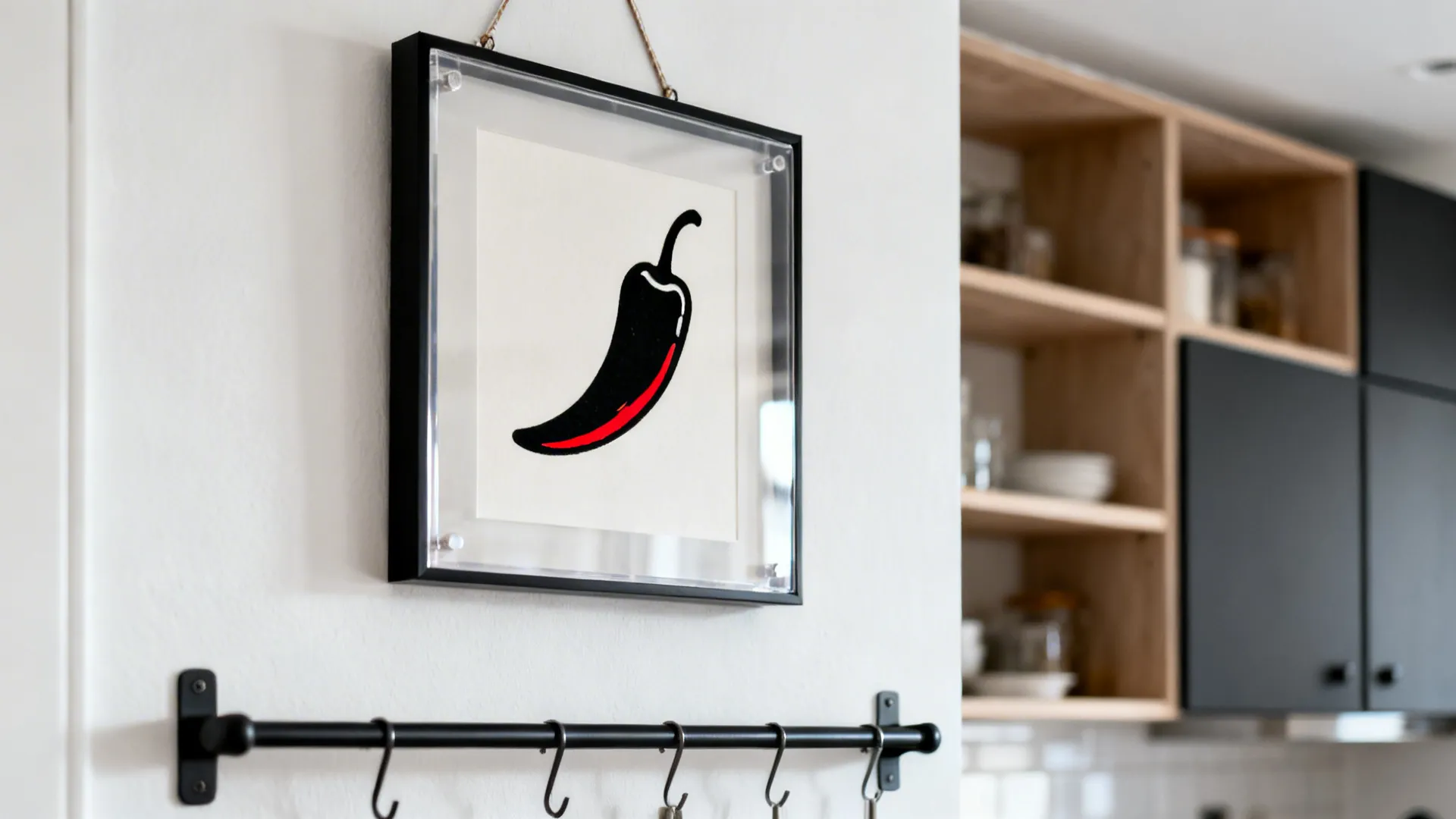 Framed minimalist chili line drawing with a red accent above a slim rail shelf.