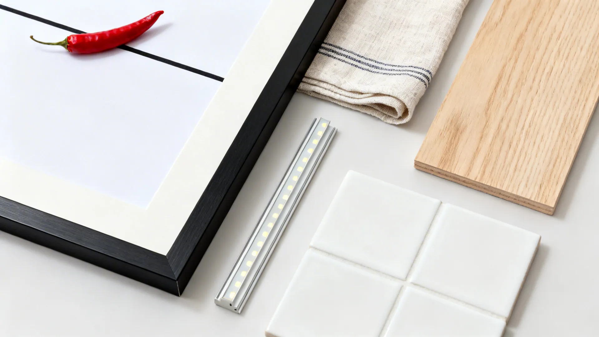 Flat lay of frame, matte paper, linen, oak veneer, and white tile with a red chili accent.