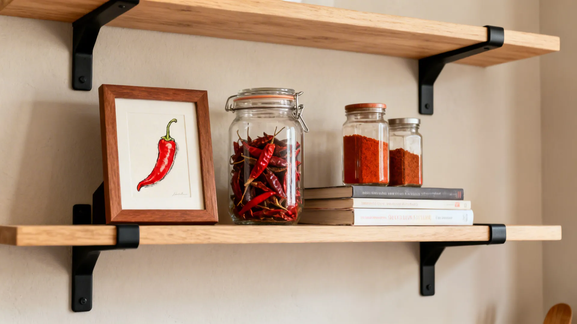 Open kitchen shelves with a small chili sketch and jars of dried chilies and paprika.