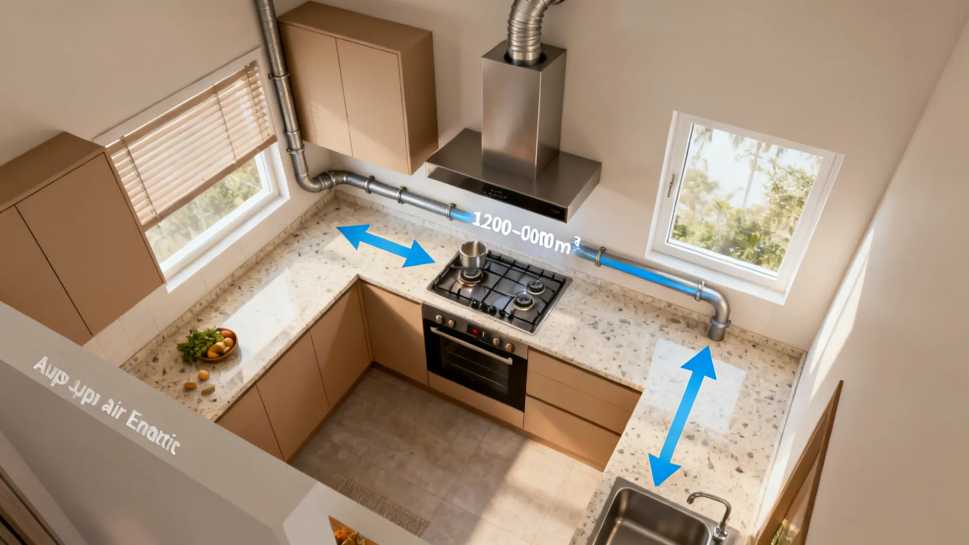 Top-down view of chimney with short ducting and window cross-ventilation in a compact kitchen.