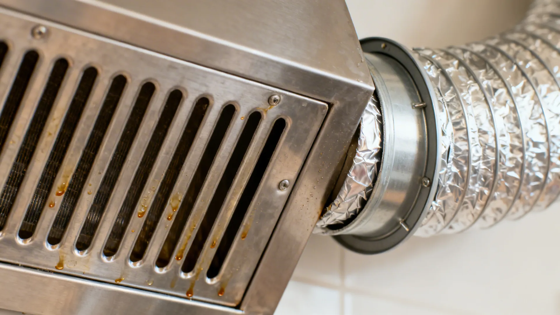 Macro of stainless baffle filter and insulated duct connection on a kitchen chimney.