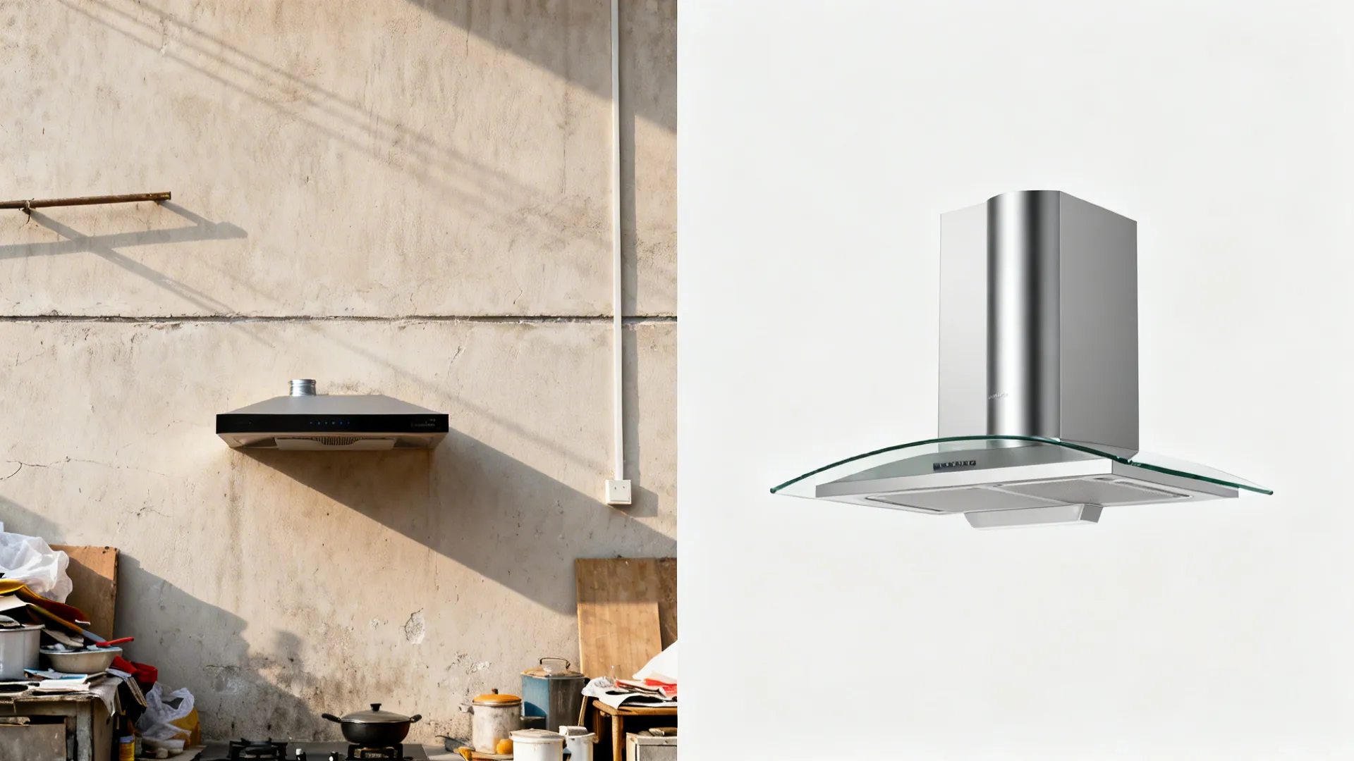 Before-and-after comparison showing upgrade to a sleek chimney hood with glass canopy.