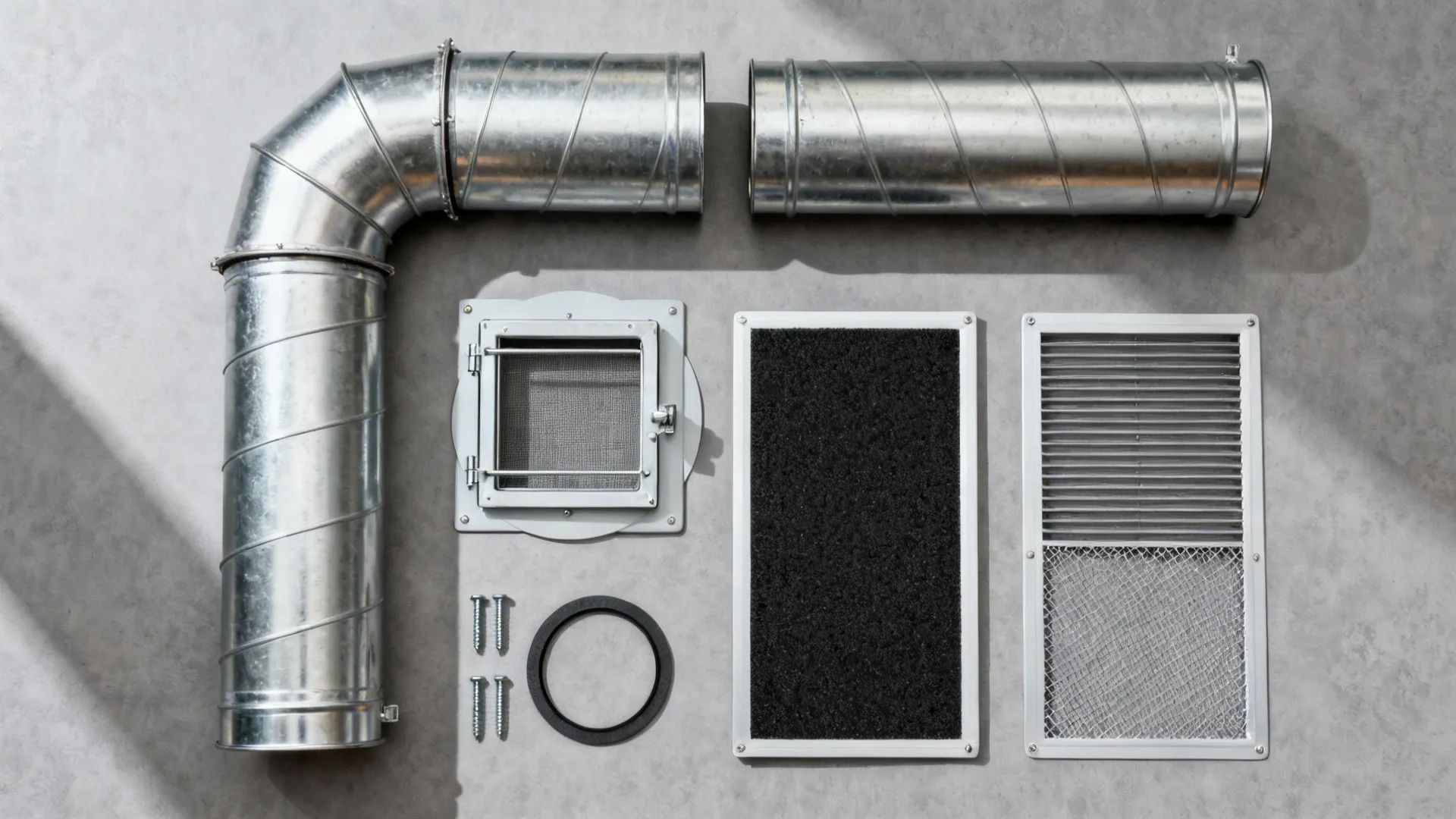 Flat lay of duct sections, baffle and mesh filters, carbon filters, and a backdraft damper.