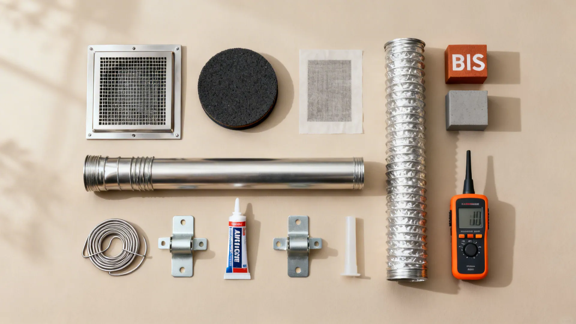 Flat lay of baffle and carbon filters, ducts, brackets, and accessories for chimneys.