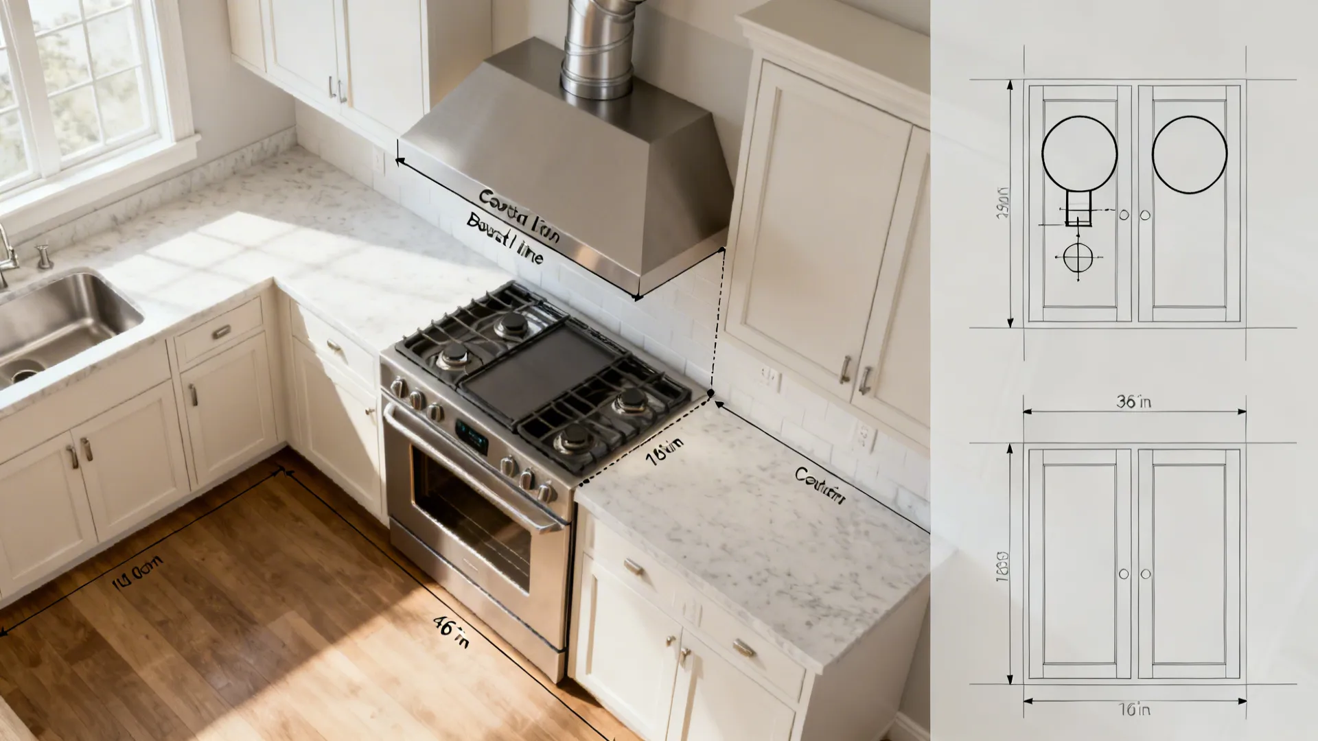 Clean technical elevation and plan showing hood height, duct centerline, and clearances.