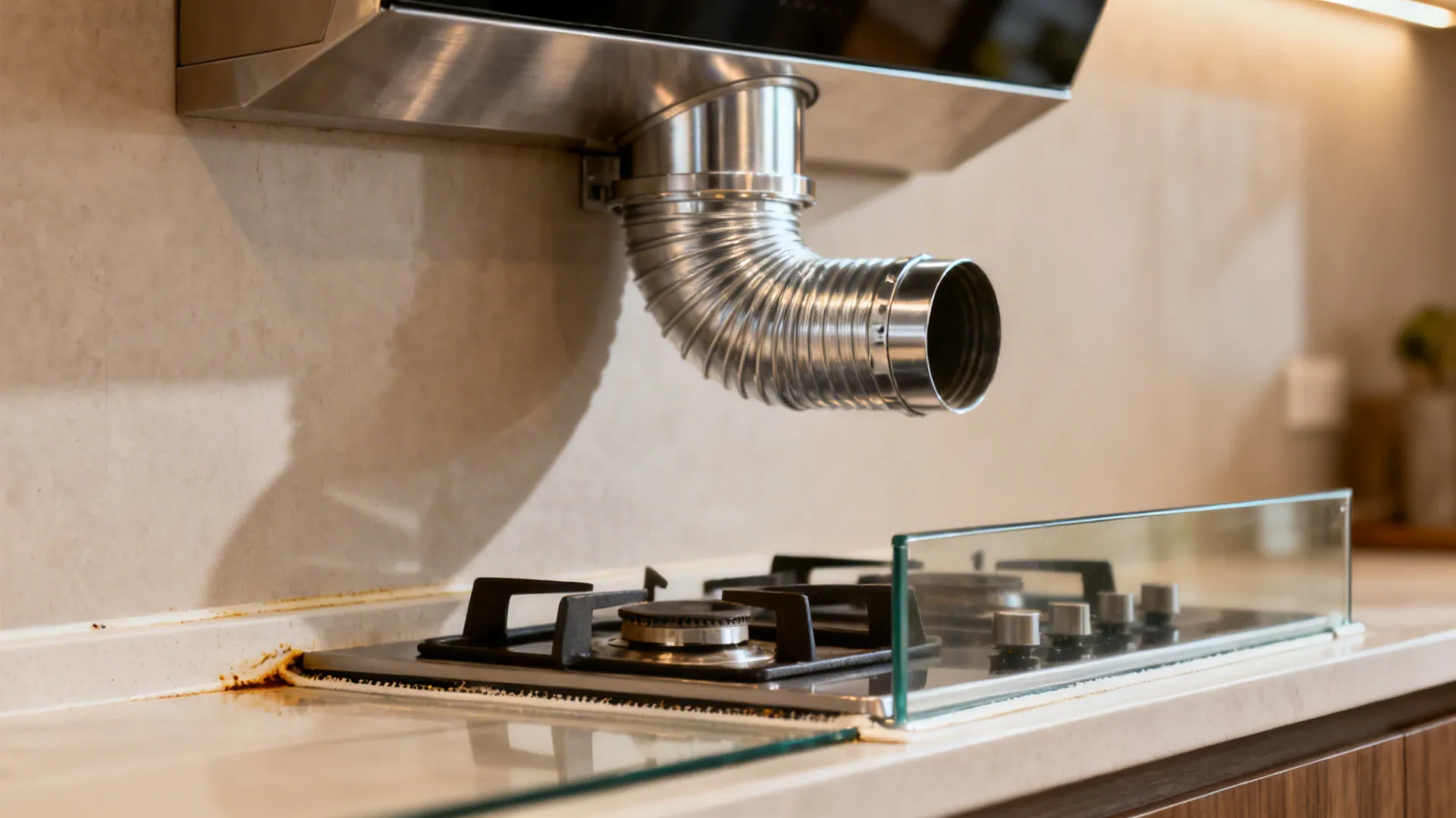 Close-up of a chimney inlet with a short rigid metal duct and a low glass baffle near the hob.