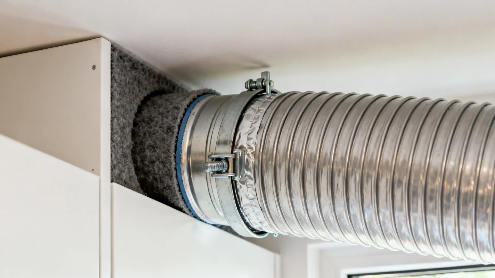 Flexible metal vent pipe connected to a white wall above a clean modern white cabinet