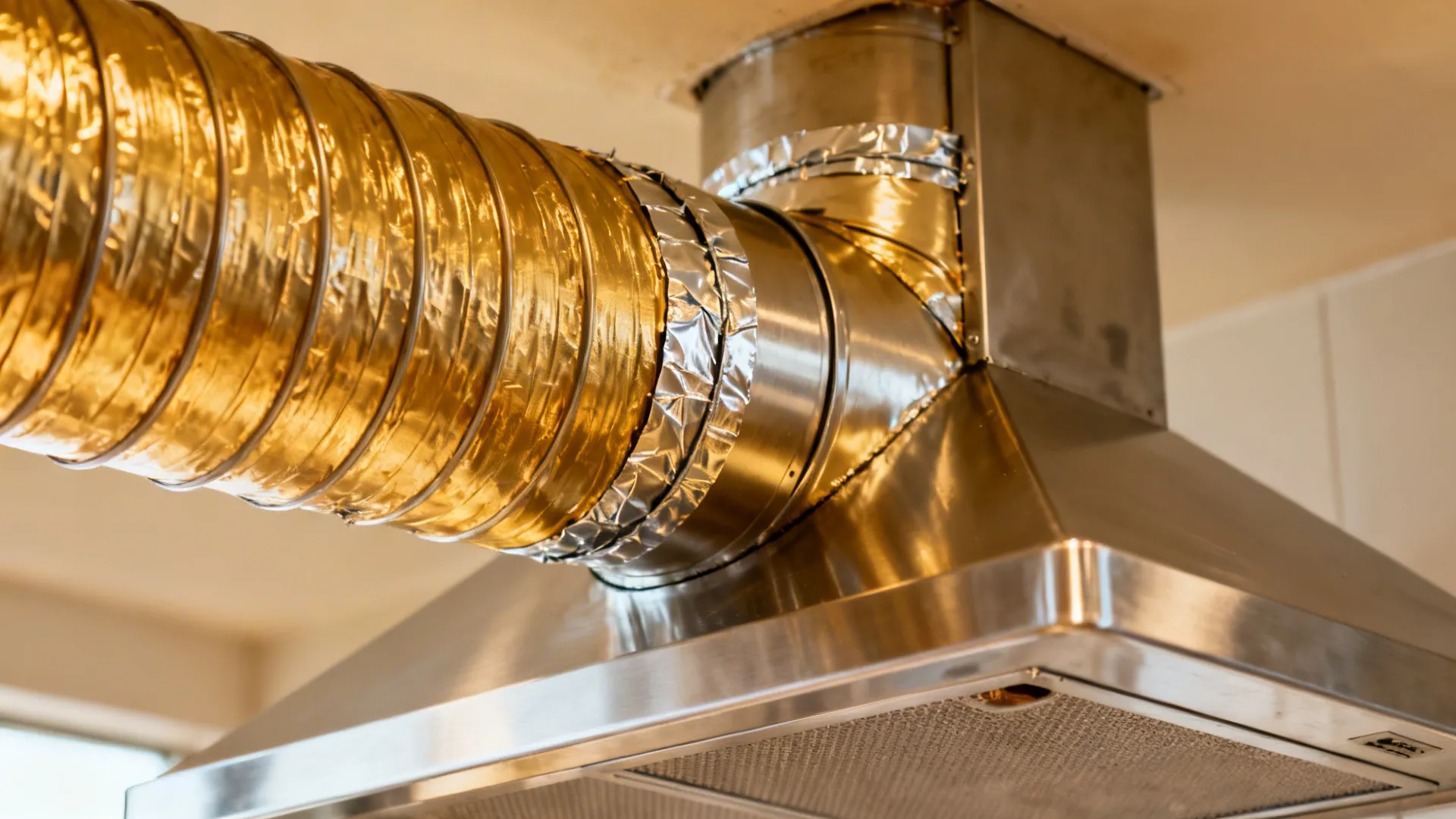 Macro of a chimney duct joint sealed with aluminum tape for efficient kitchen ventilation.