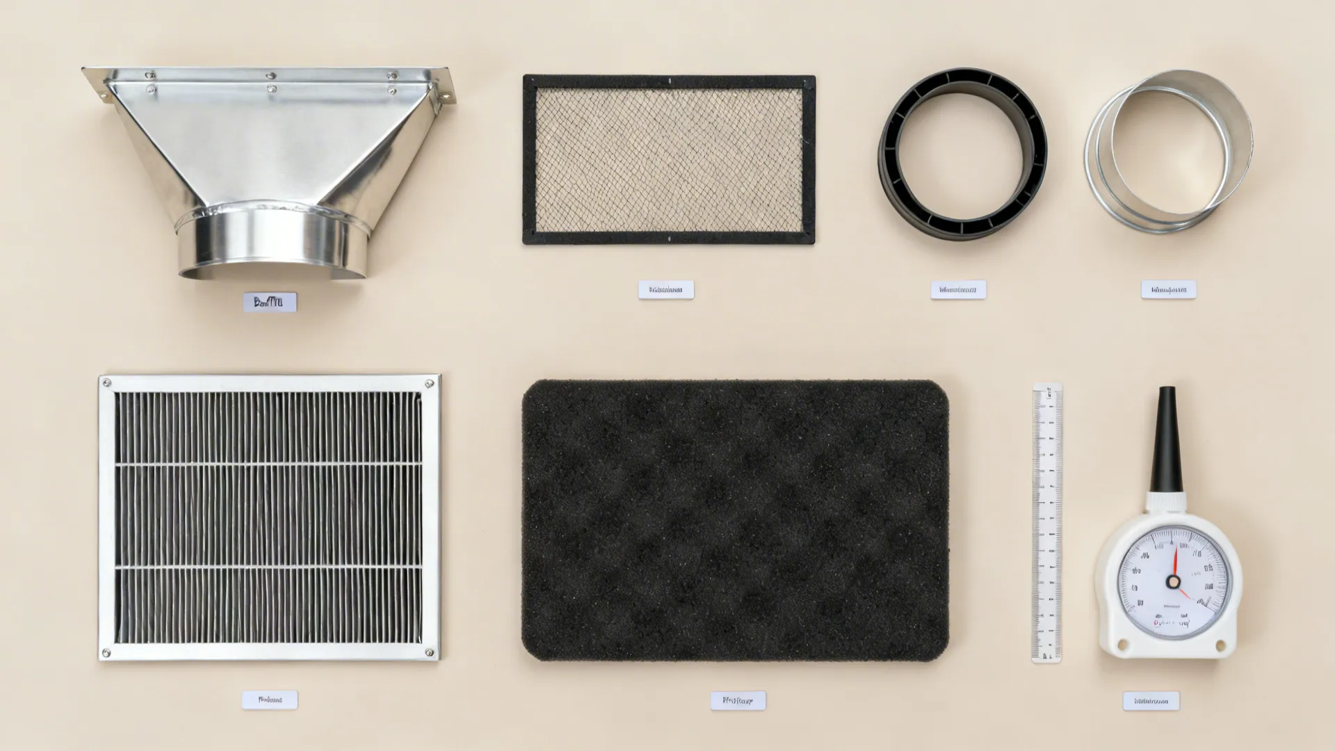 Flat lay display of various silver kitchen vent parts including filters pipes and white gauge