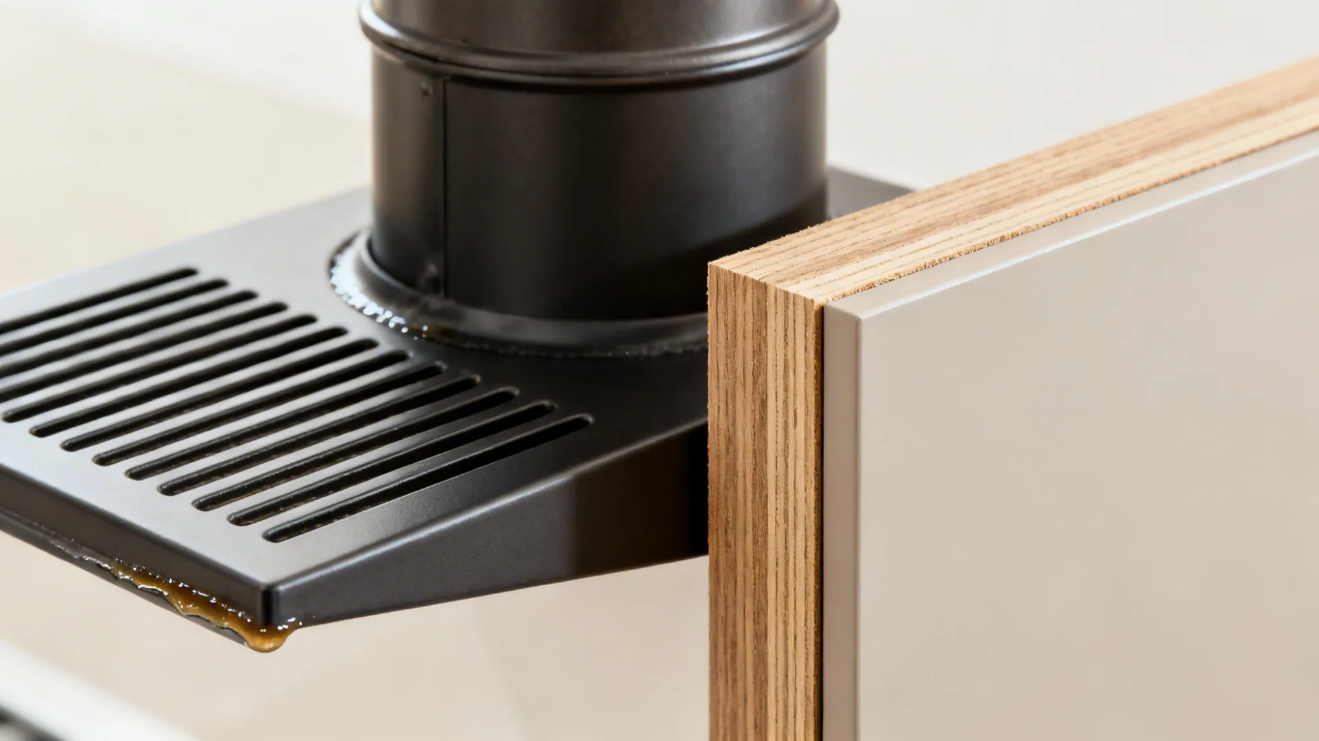 Macro of stainless chimney baffle filter and clean duct joint near a moisture-safe cabinet edge.