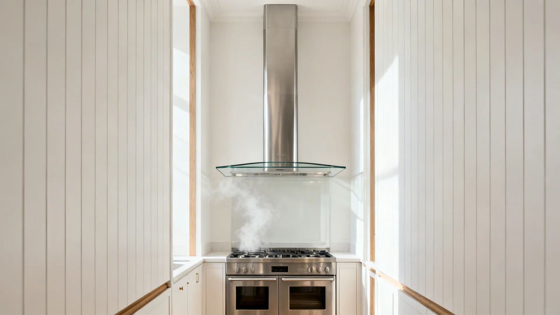 Wall-mounted chimney hood with glass canopy as a focal point in a galley kitchen.