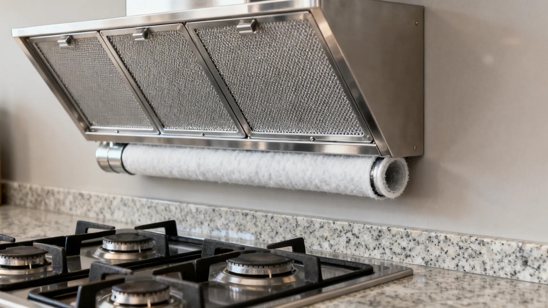 Macro of a stainless 90 cm chimney with baffle filters and sealed duct sleeve.