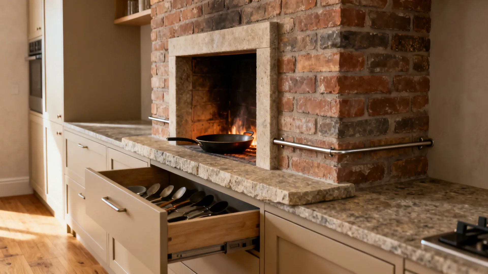 Niche around a projecting chimney with shallow drawers, a stone ledge, and a slim utensil rail.