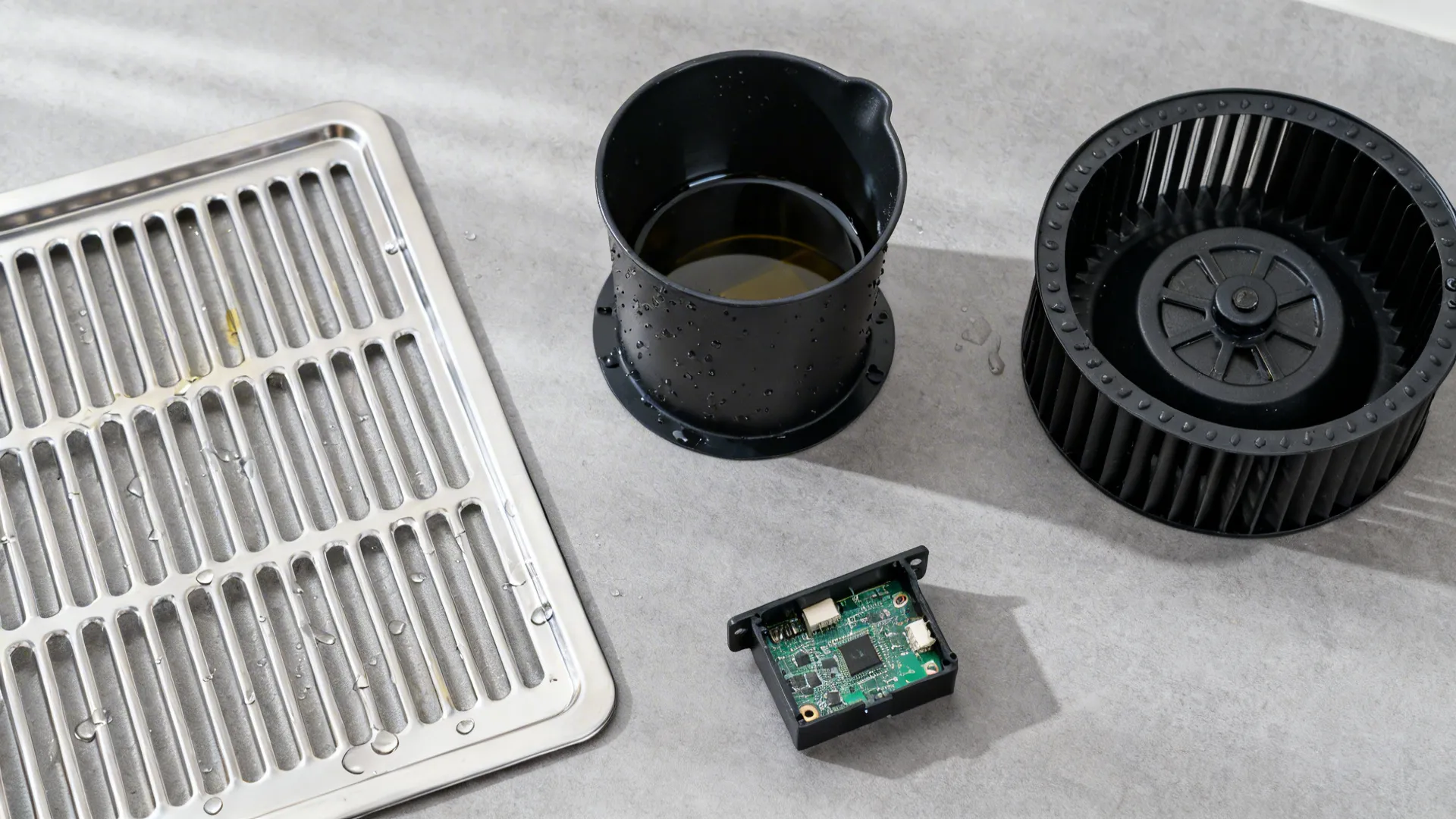Flat lay of a baffle filter, oil collector, and filterless intake parts on a gray surface.