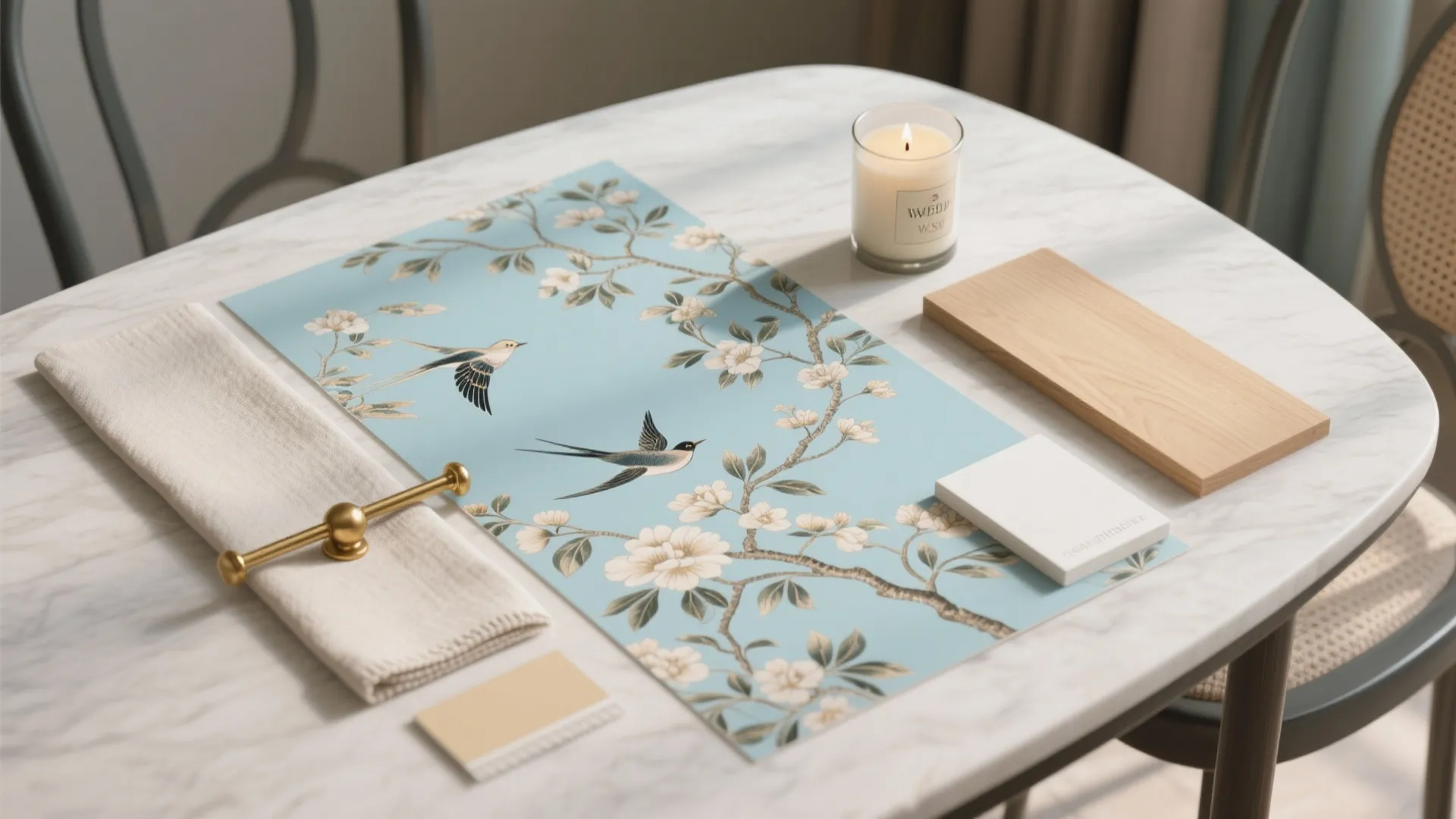 Flat lay showing floral bird wallpaper sample on marble table with candle and material design samples
