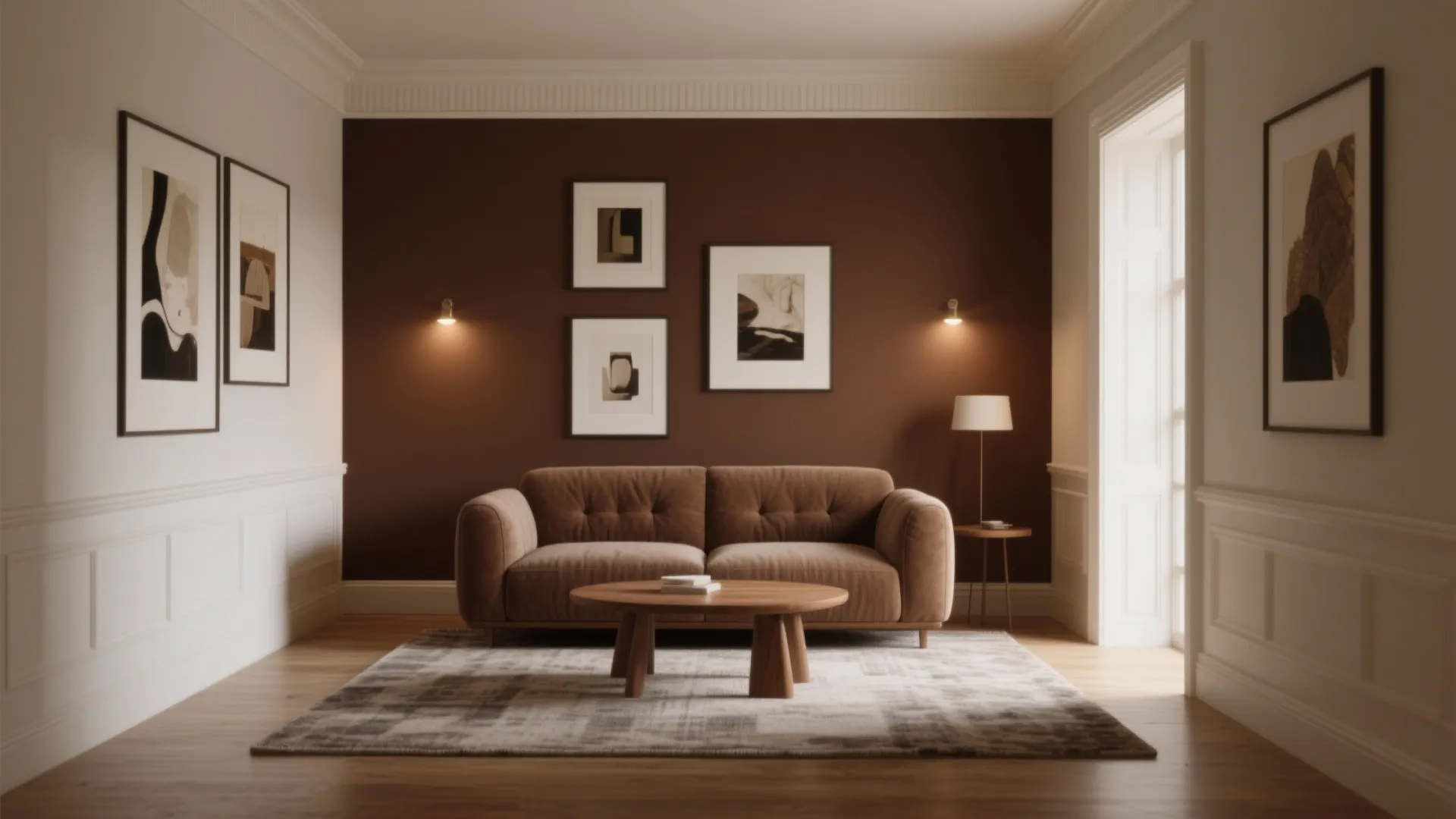 Brown living room interior design with a sofa wooden coffee table and wall art decorations