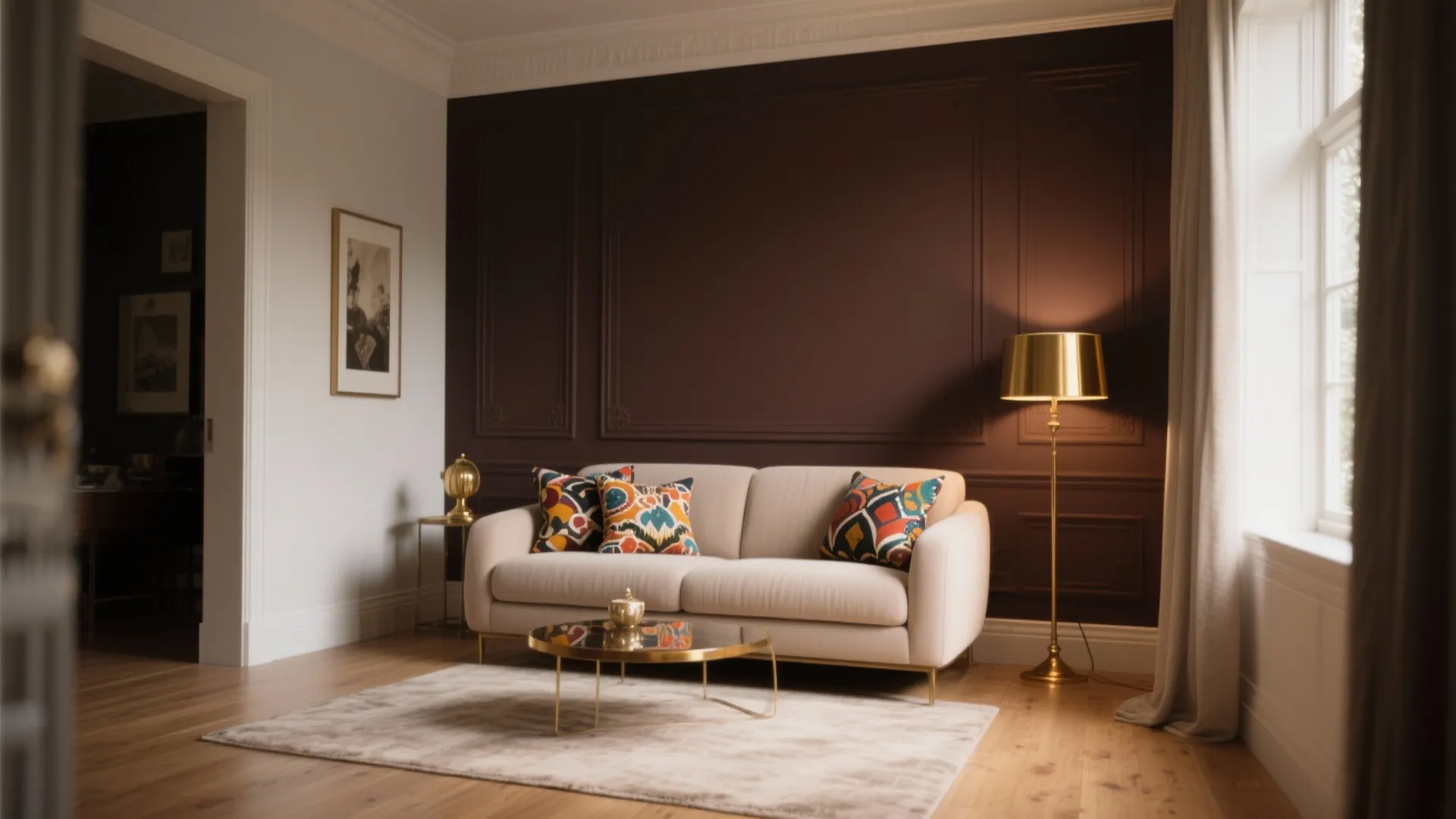 Small living room with a deep chocolate accent wall, bright patterned cushions and a brass lamp.