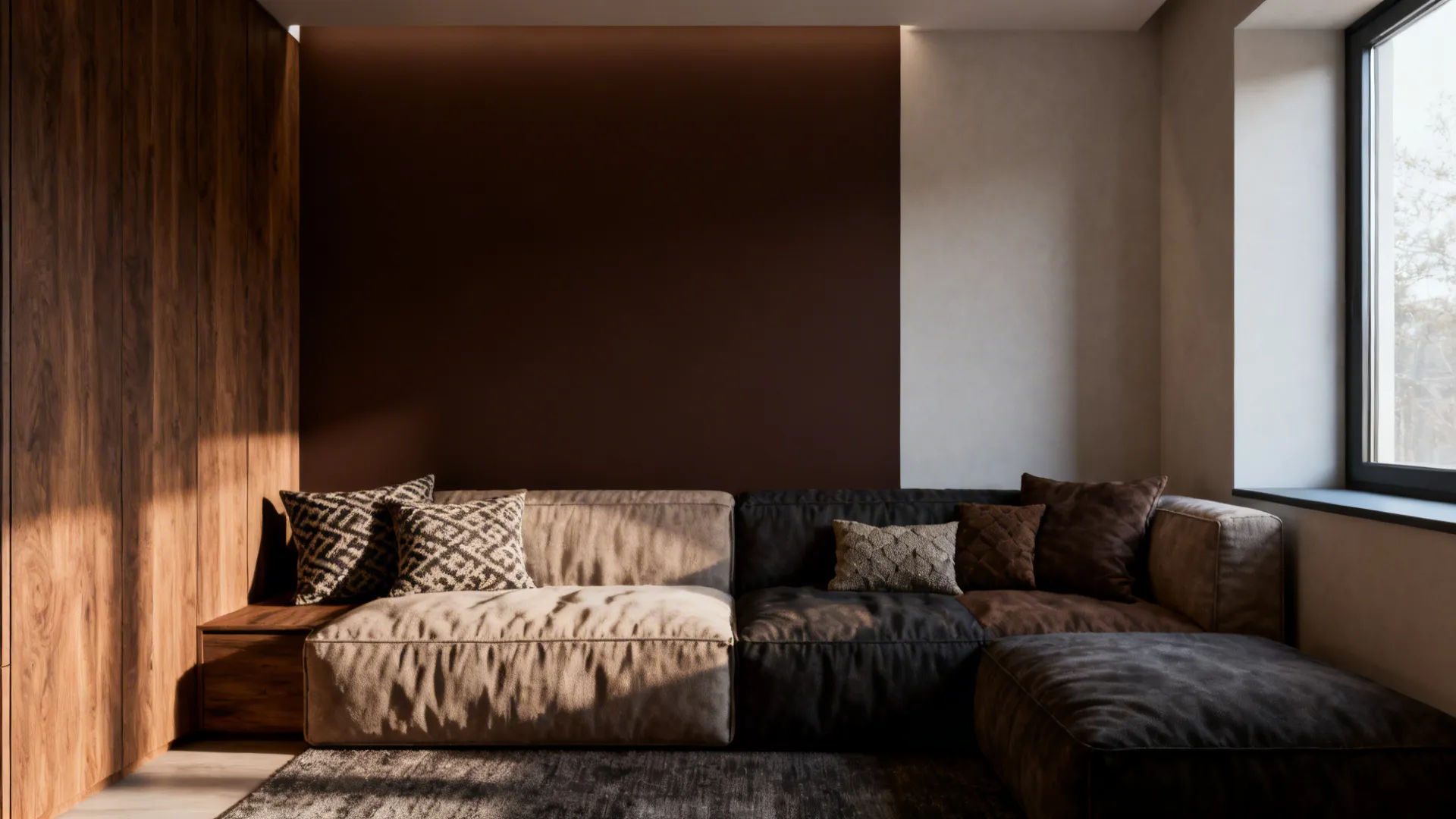 Small living room with a deep chocolate accent wall and lighter surrounding walls.