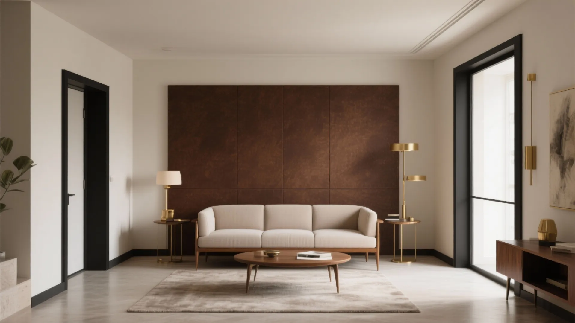 Modern living room featuring a chocolate brown wall panel with beige sofa and wood coffee table