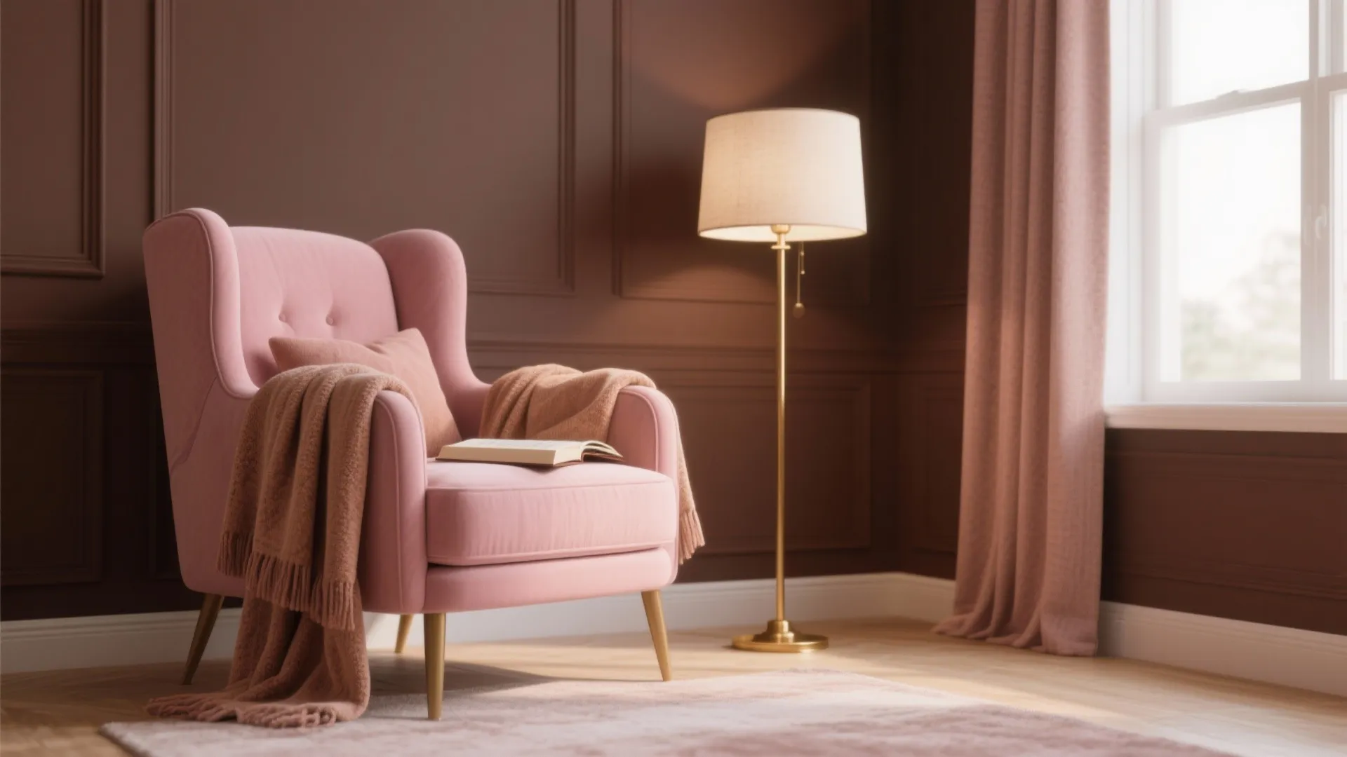 Cozy room corner featuring pink chair with blanket floor lamp pink curtains and brown wall panels