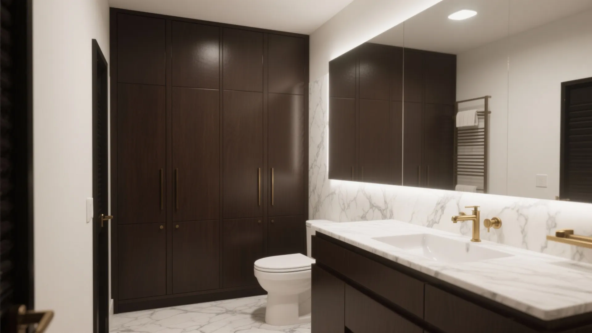 2. Chocolate cabinets and white marble counters