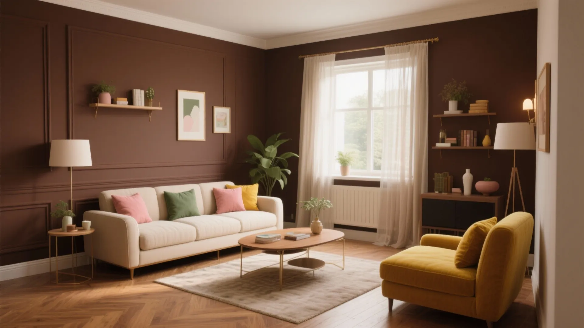 Modern living room featuring brown wall panels, beige sofa, yellow chair, wooden floor, and curtains