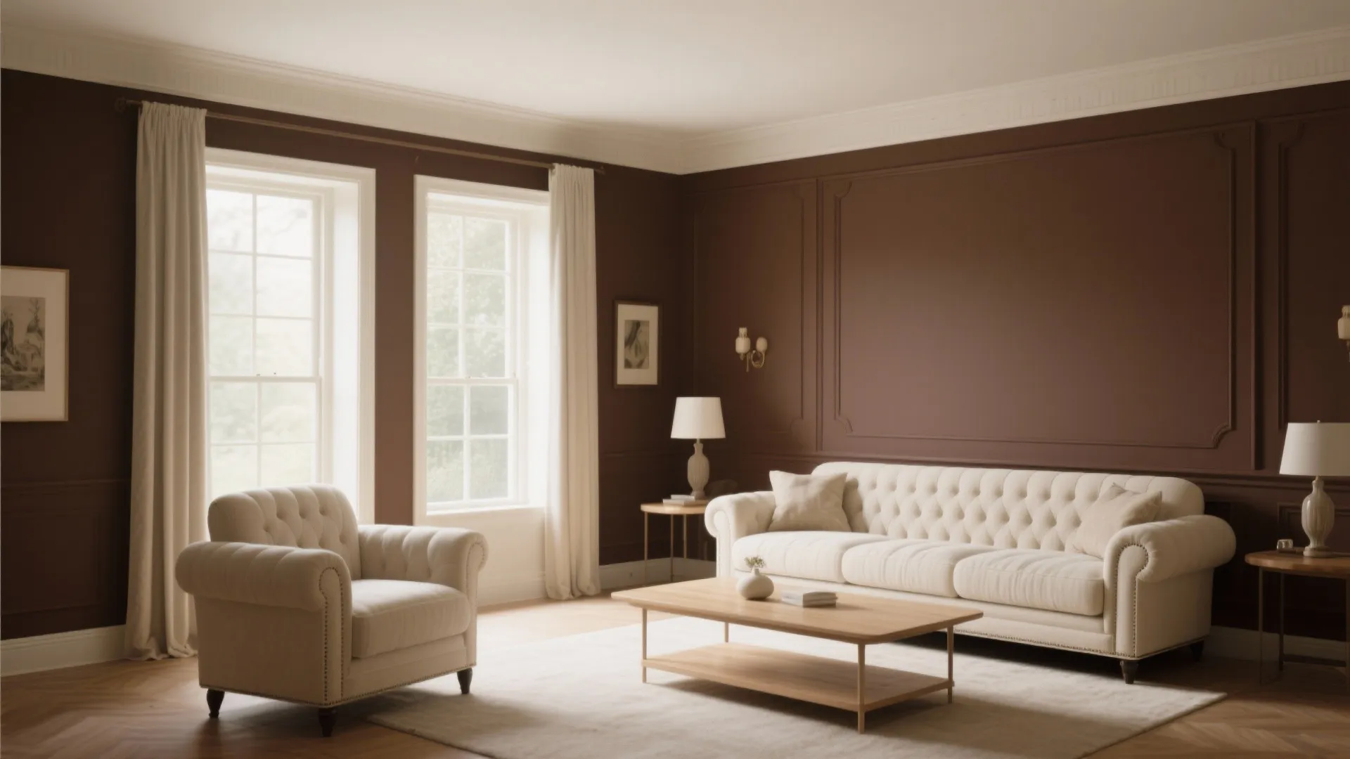 Elegant living room with brown wall panels white sofa cream chair wooden table and large windows