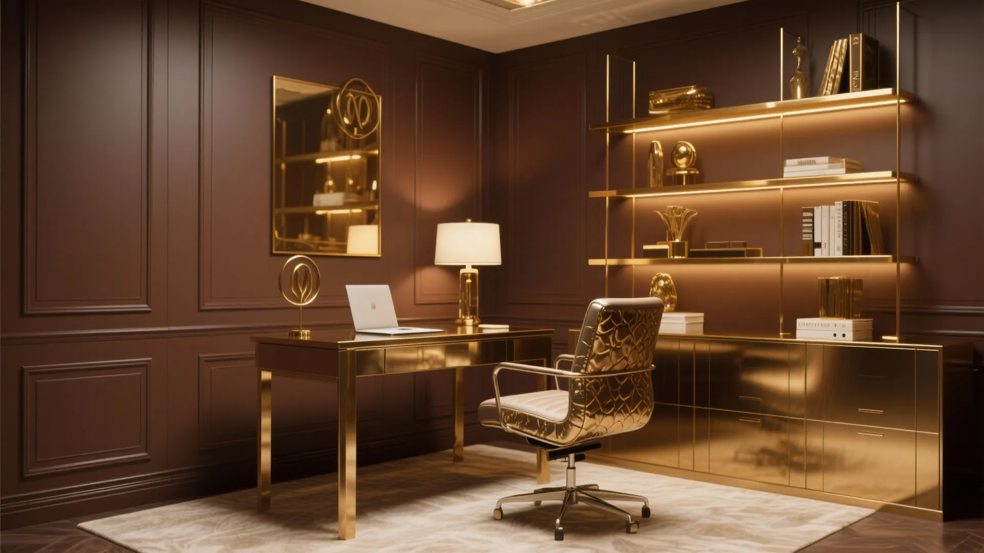 Luxury home office with gold desk chair shelves brown wall panels lamp and laptop computer