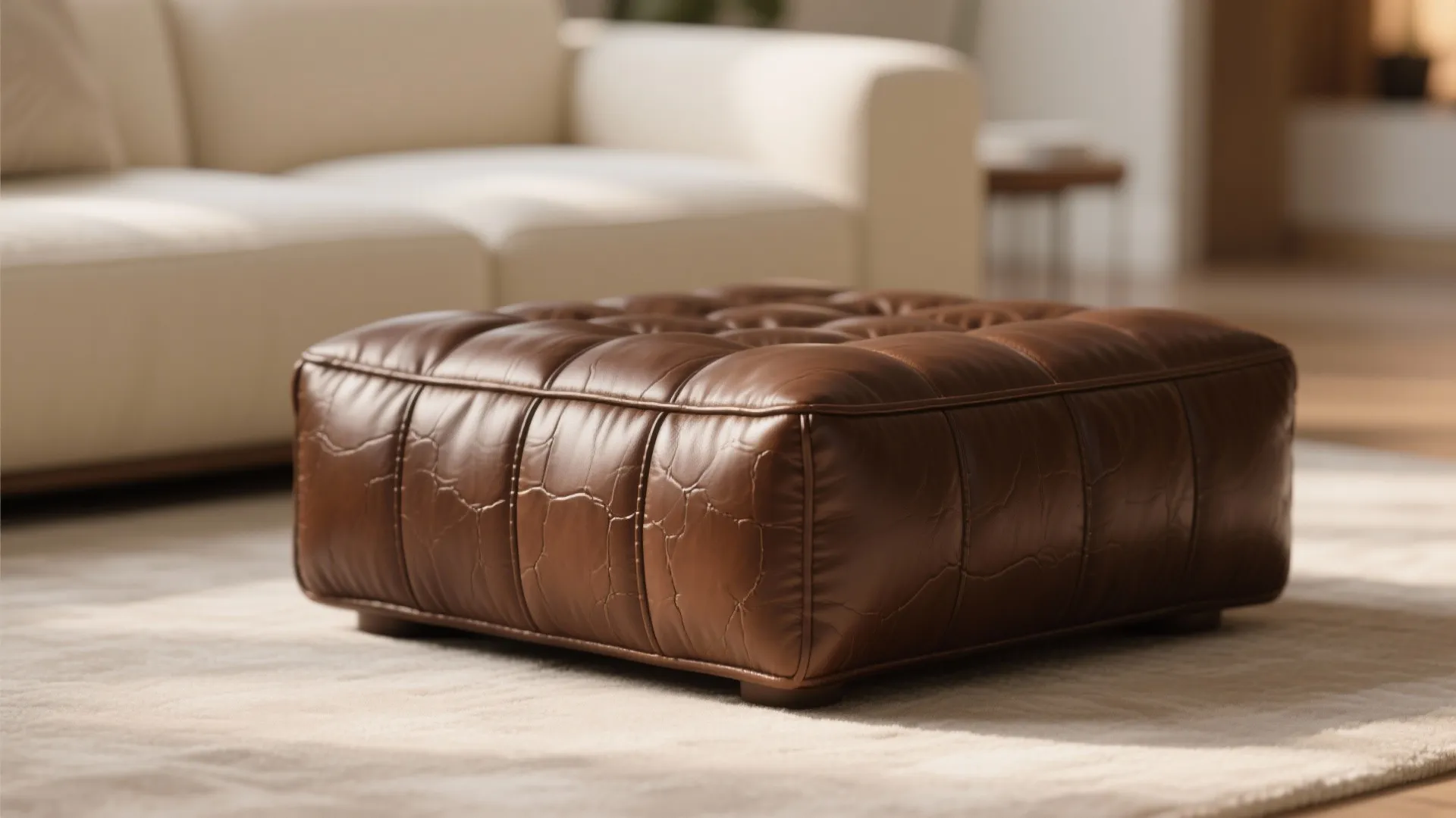 Brown leather footrest placed on a beige rug in a bright modern home living room