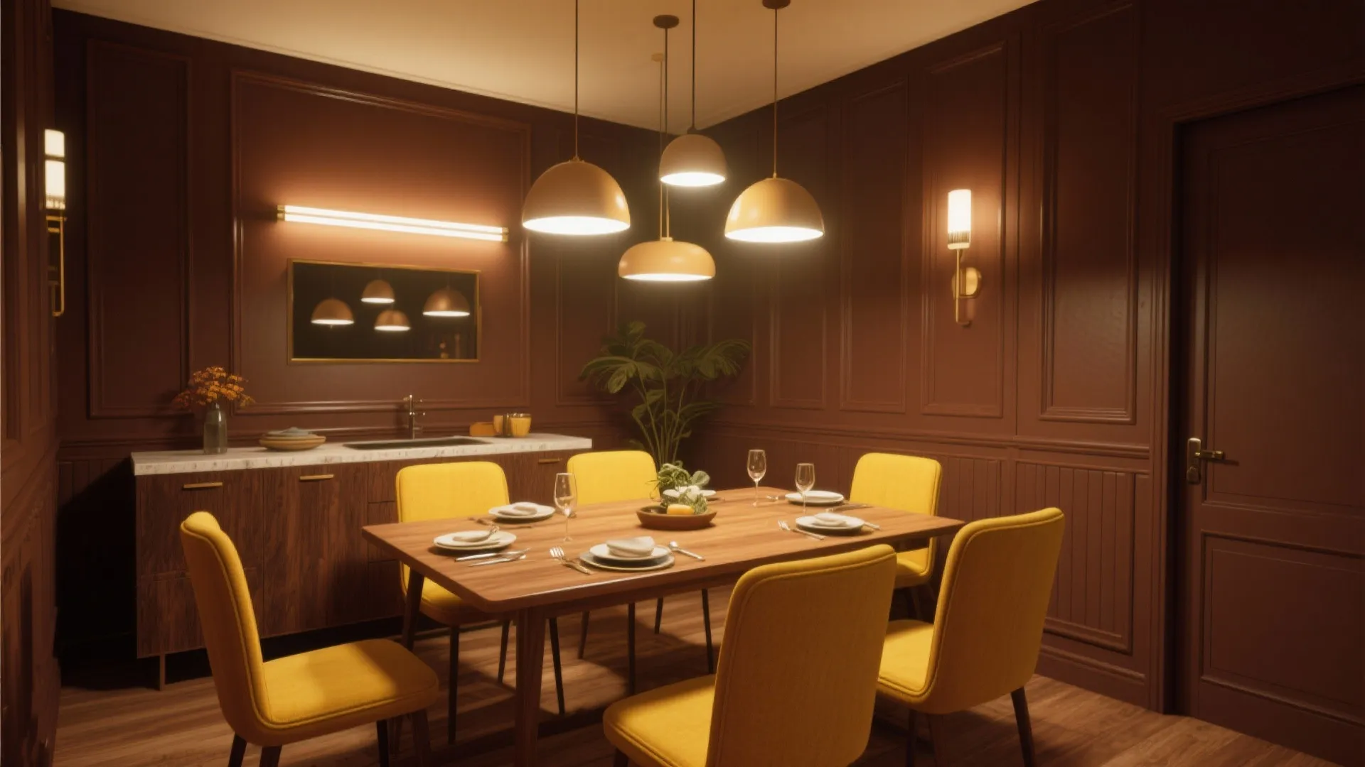 Dining room with dark walls yellow chairs wooden table ceiling lights and small kitchen cabinet