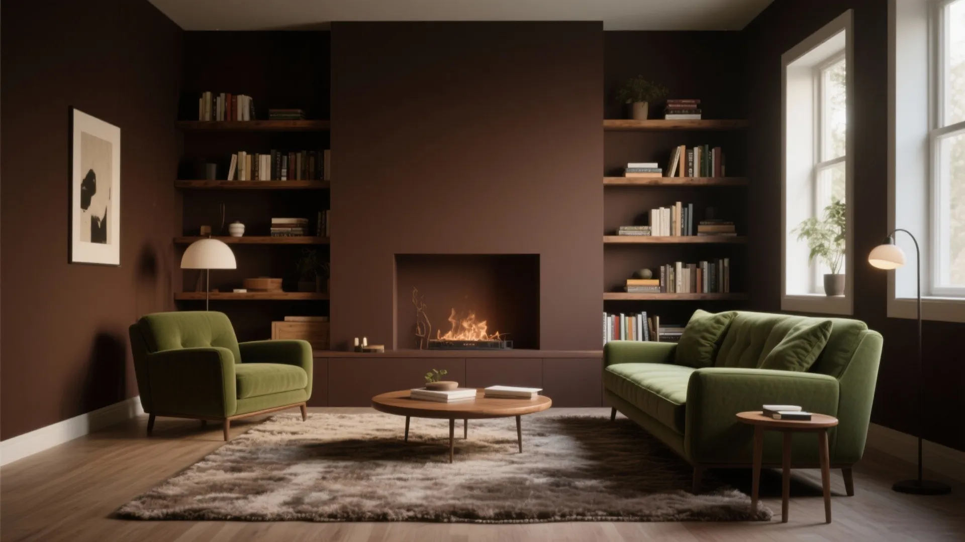 Cozy brown living room with green sofa armchair wooden coffee table bookshelves and a warm fireplace