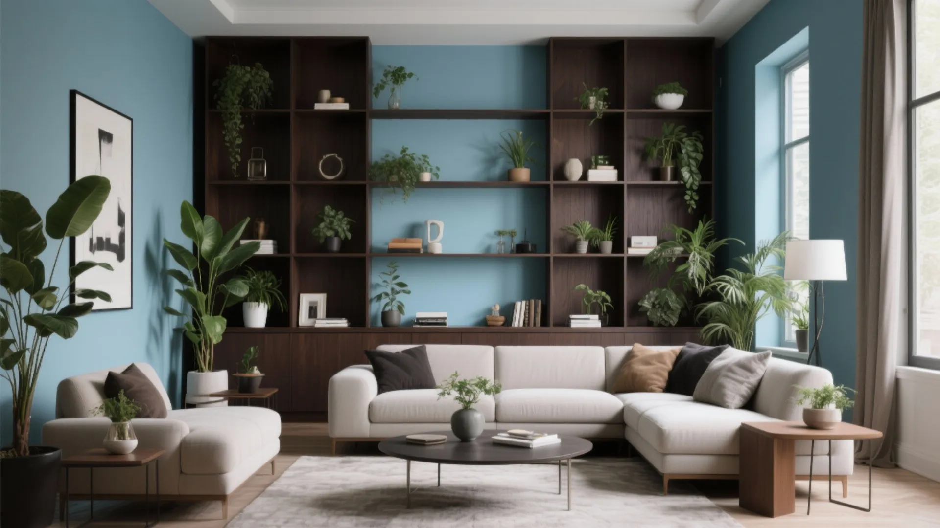 Large dark wood cabinet wall with plants behind a white sofa in blue painted room