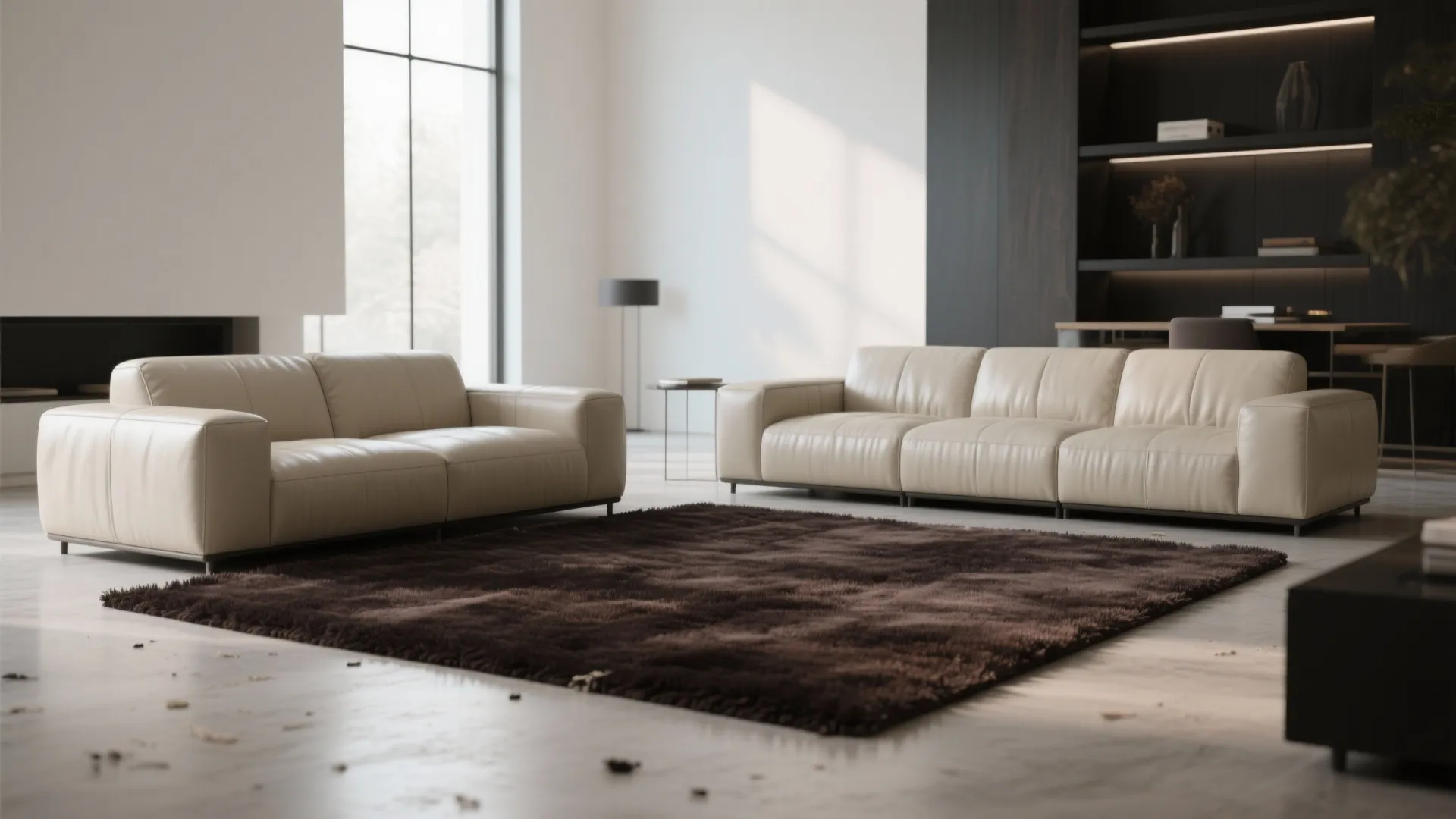 Modern living room with dark brown rug two beige leather sofas and a large window