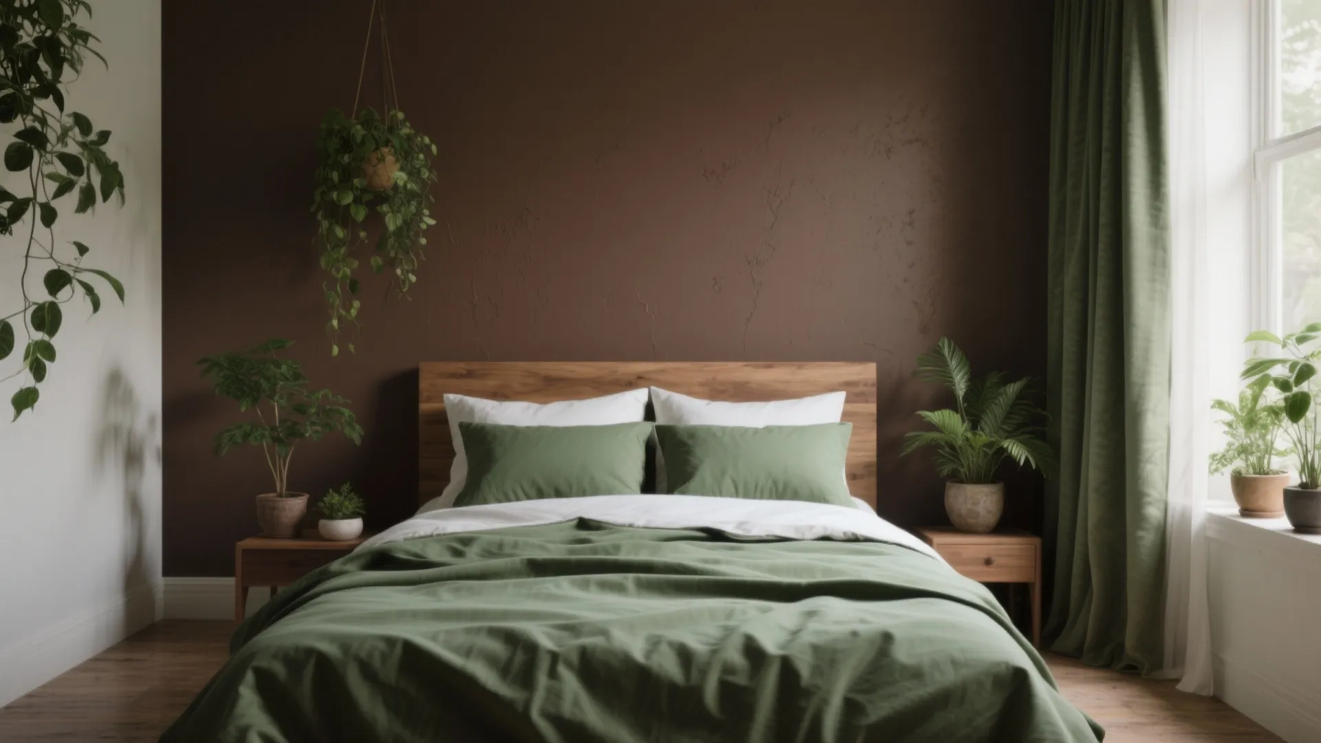 Cozy bedroom with chocolate brown walls, green bedding, wooden bed frame, hanging plants, and window