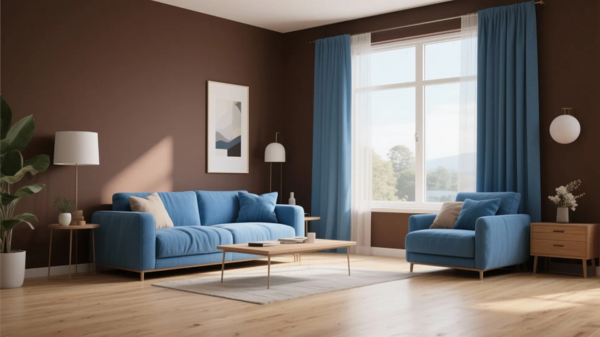 Modern living room with brown walls blue sofa blue chair wooden coffee table and blue curtains