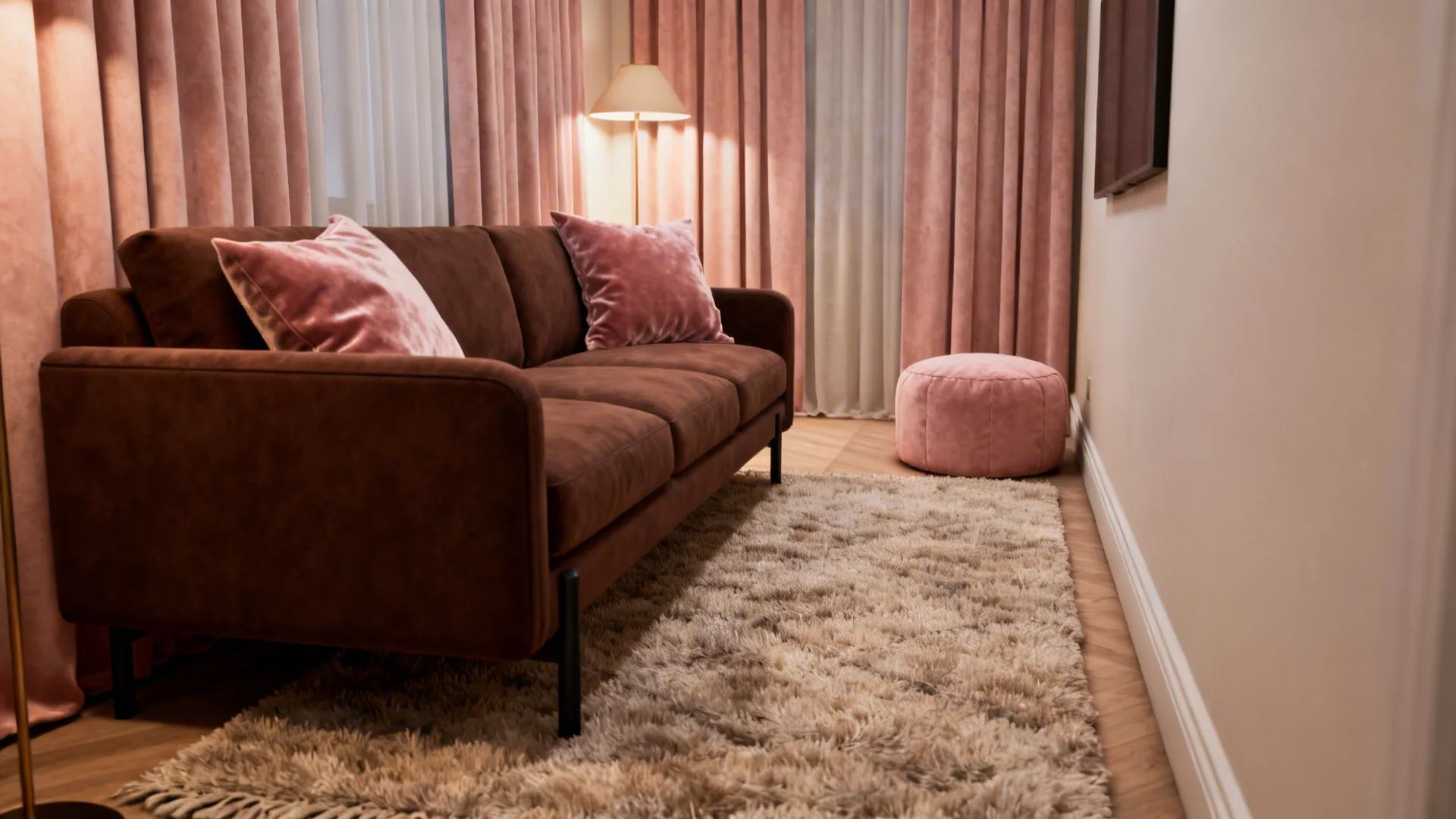 Chocolate brown sofa softened with blush pillows, curtains, and a pouf in a compact layout