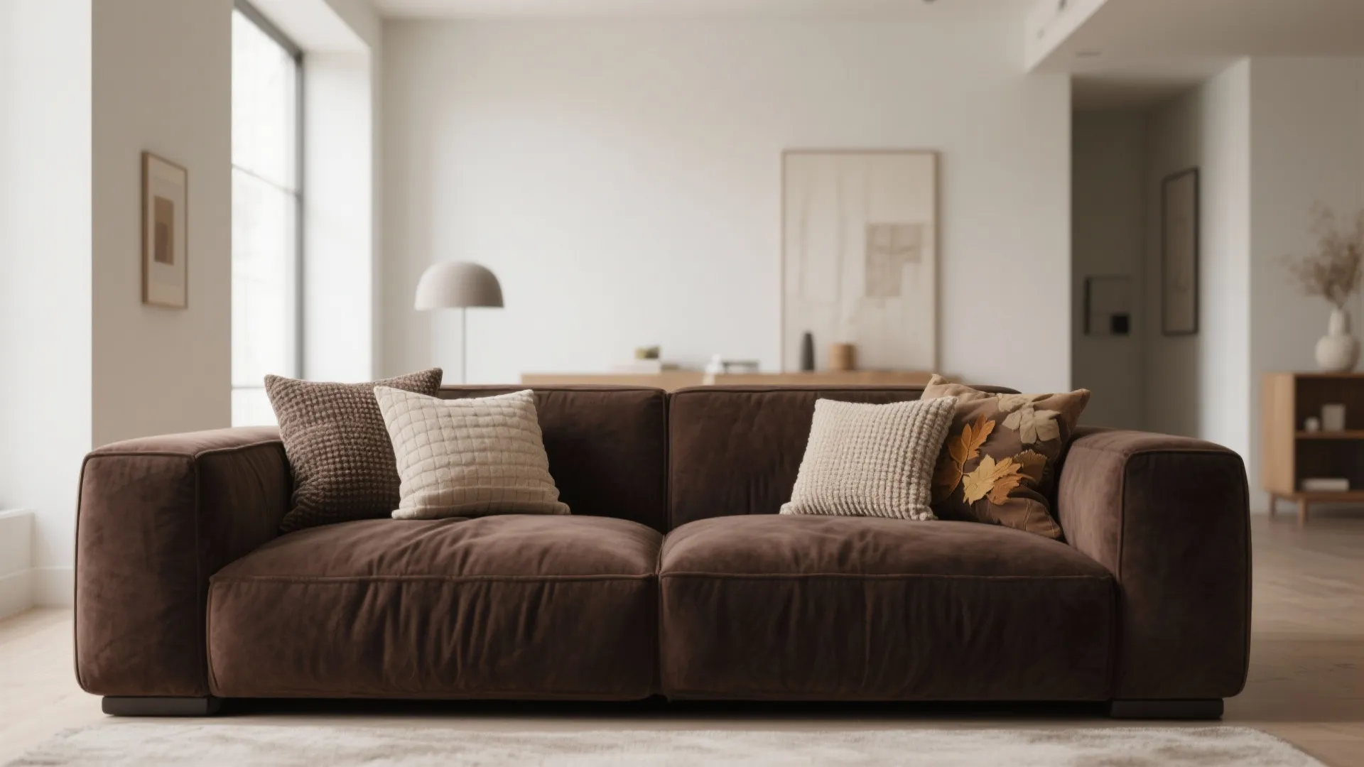 2. Chocolate Brown Sofa with Textured Throw Pillows