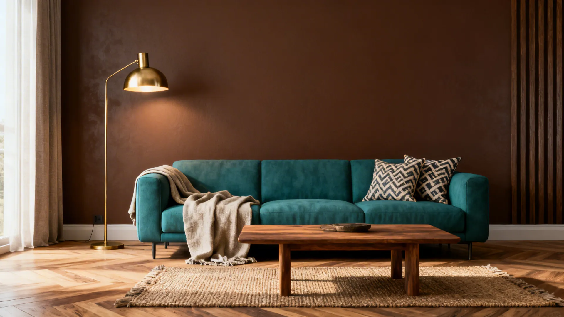Modern living room with brown wall teal sofa wooden coffee table gold floor lamp and rug