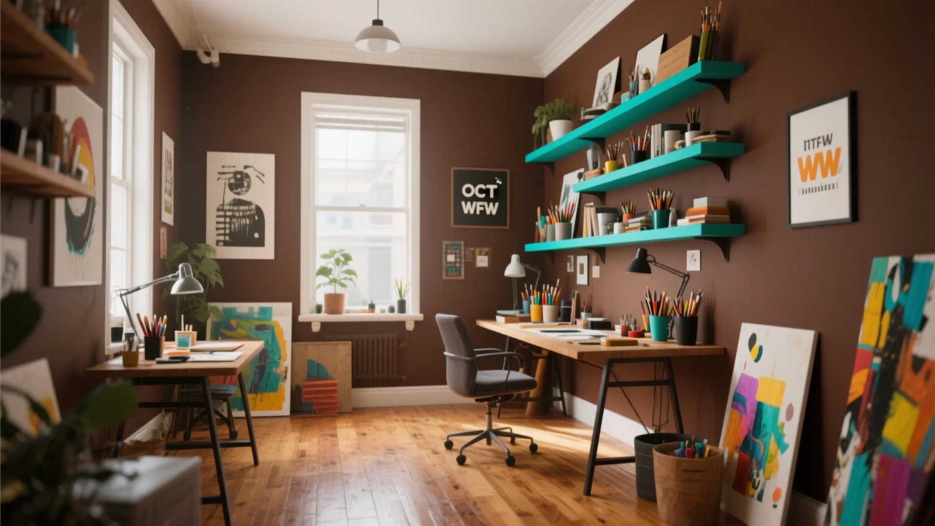 Creative art studio with brown walls, teal shelves, wooden desks, swivel chair, and large window