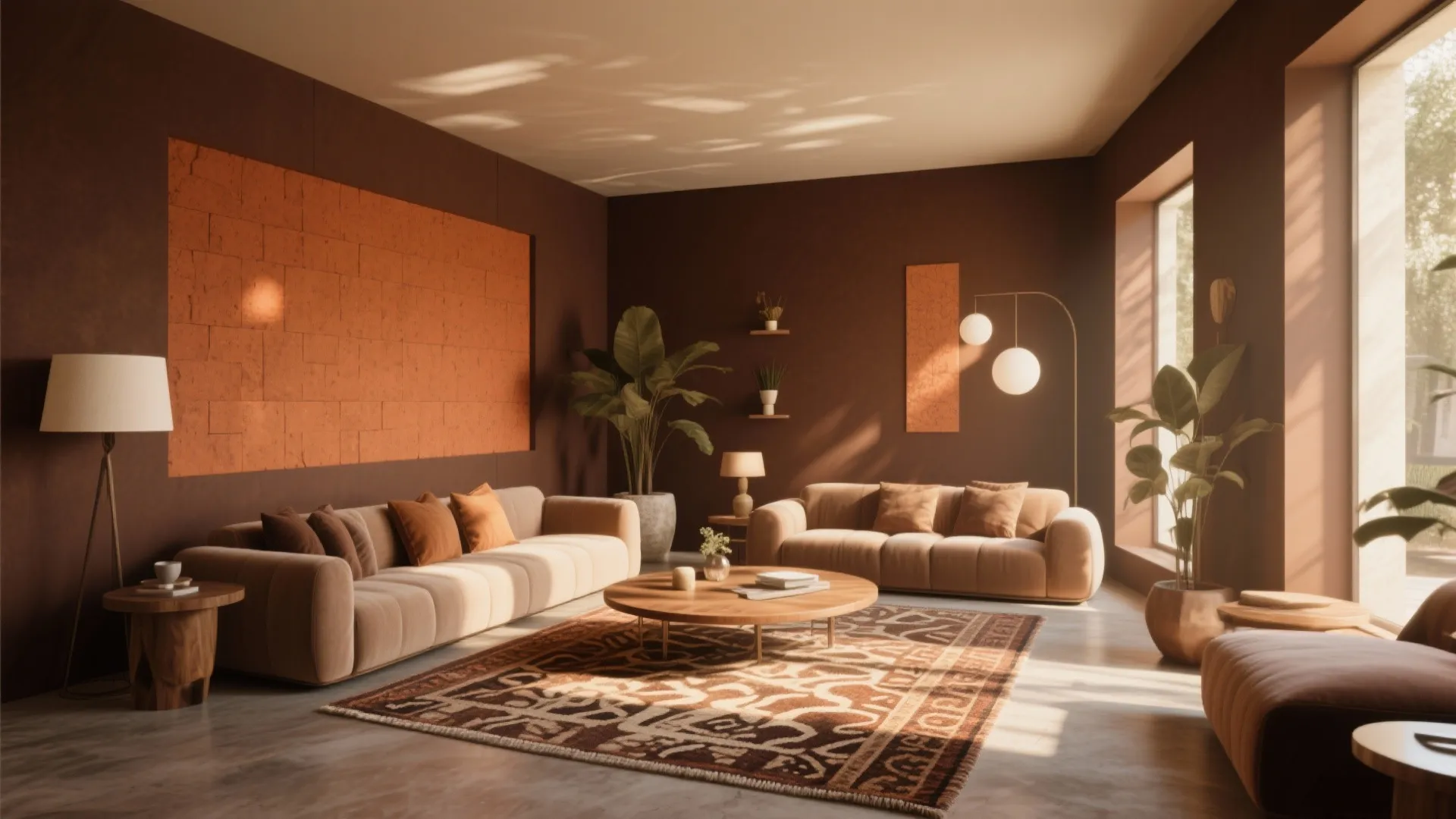Modern brown lounge with beige sofas round wooden coffee table patterned rug and large bright windows