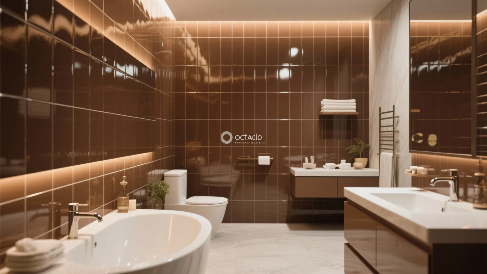 Contemporary bathroom with brown wall tiles white bathtub white toilet brown wood cabinet and warm lighting
