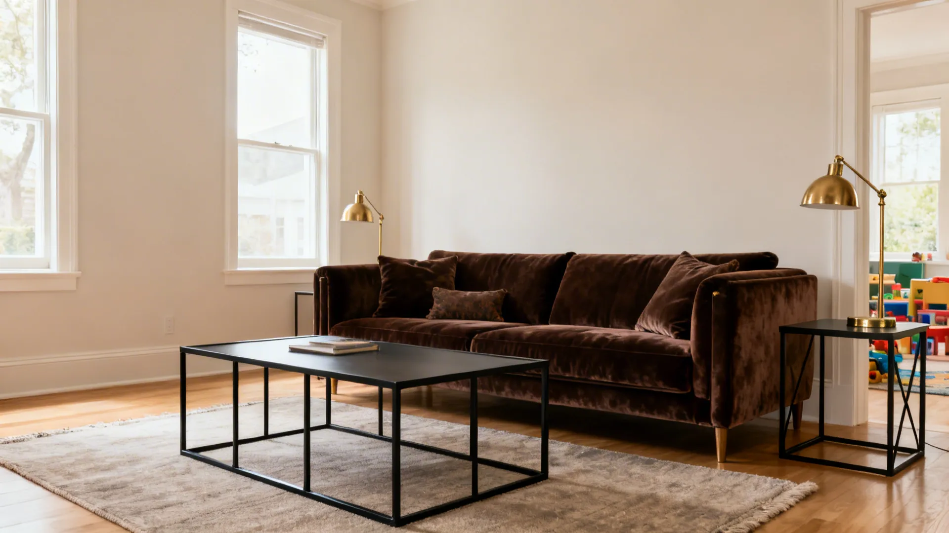 Chocolate velvet sofa with black metal-framed coffee table and brass accents.