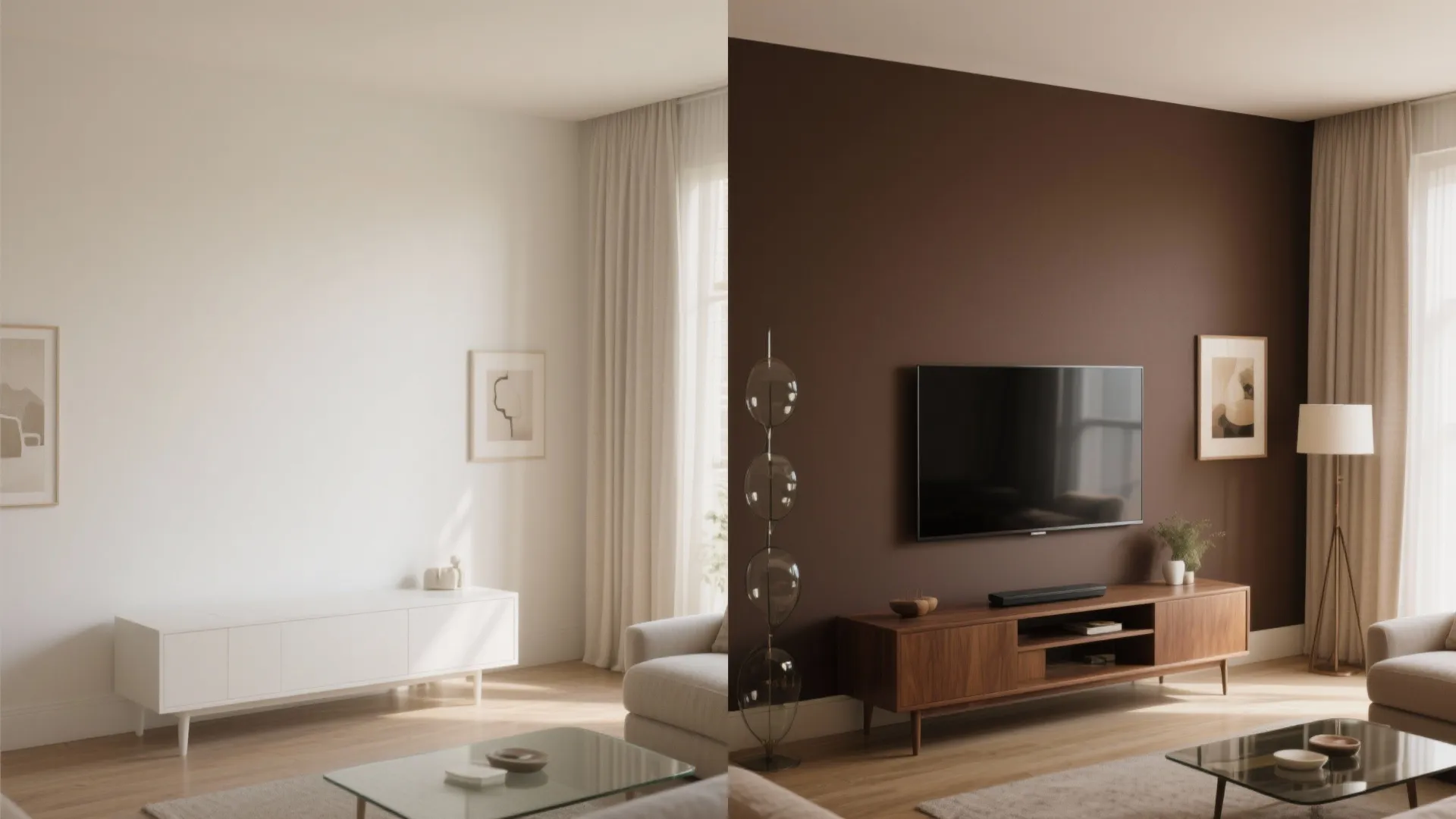 Before and after comparison of living room with white wall versus chocolate brown accent wall