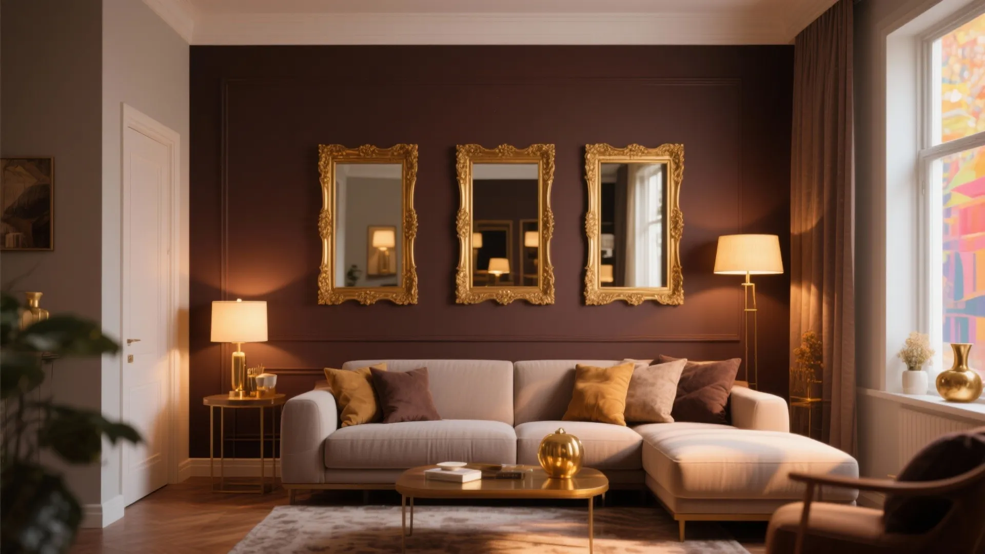 Deep chocolate brown living room wall with gold-framed mirrors