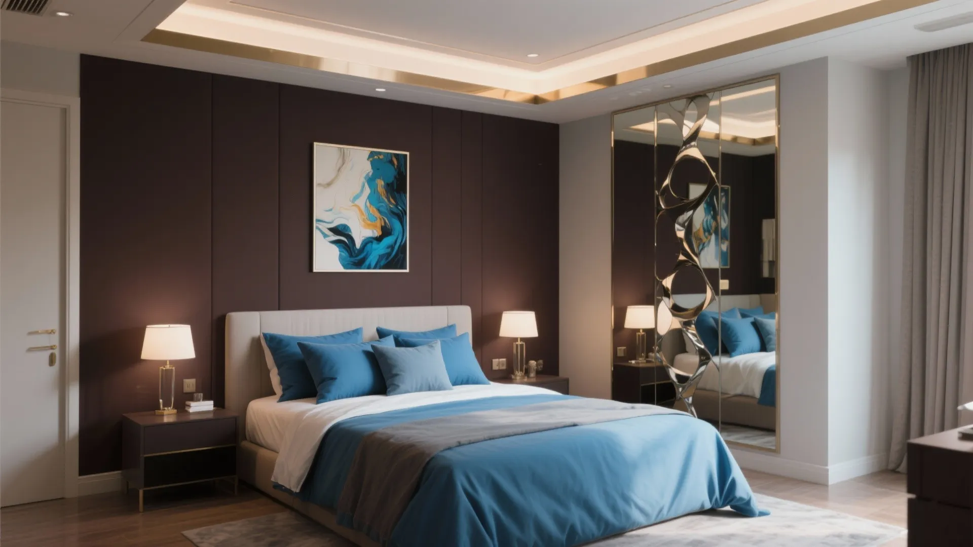 Bedroom with a chocolate accent wall and sky-blue accents, mirror to reflect light.