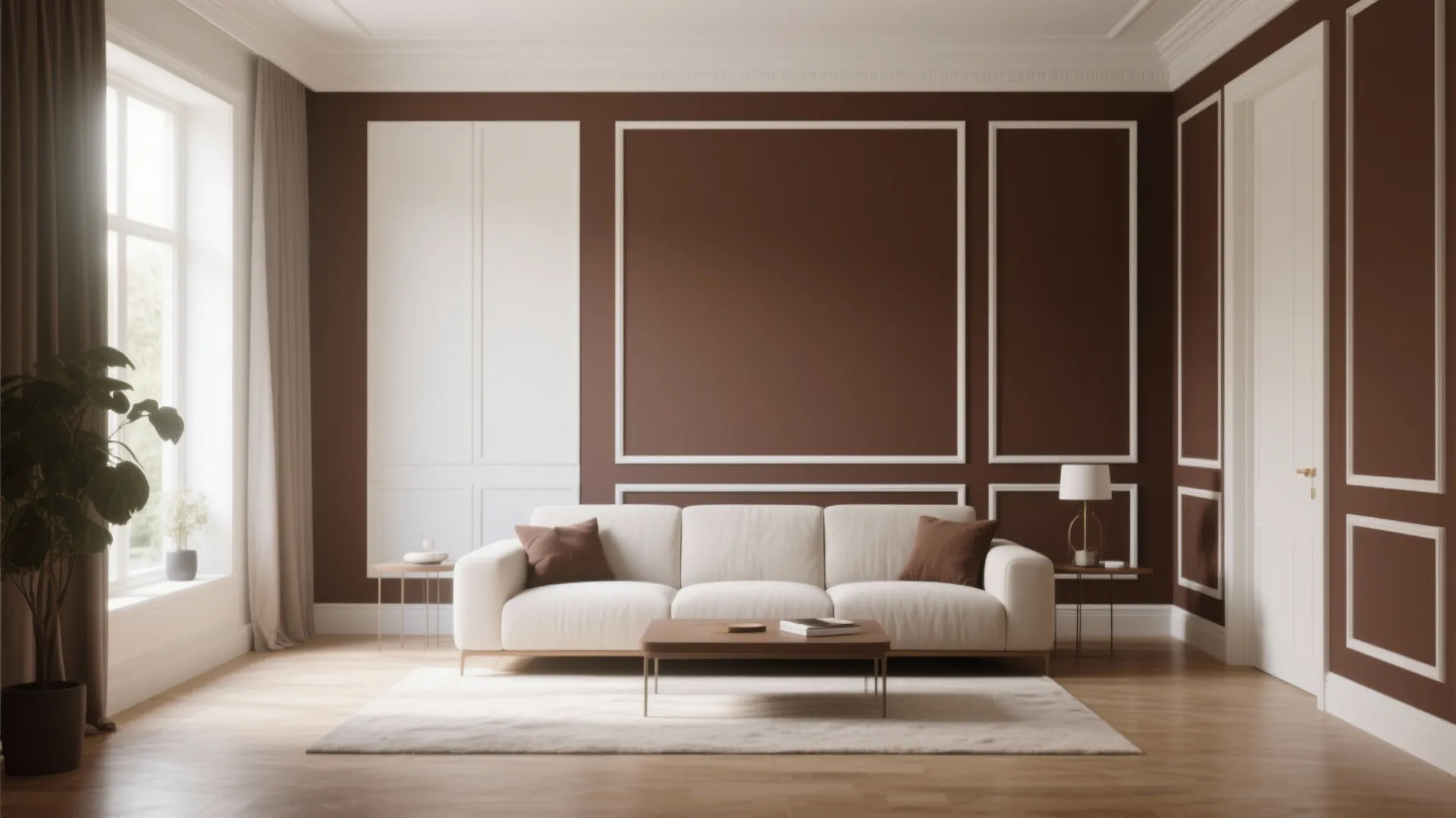 Modern living room with brown wall panels white sofa coffee table rug and large window