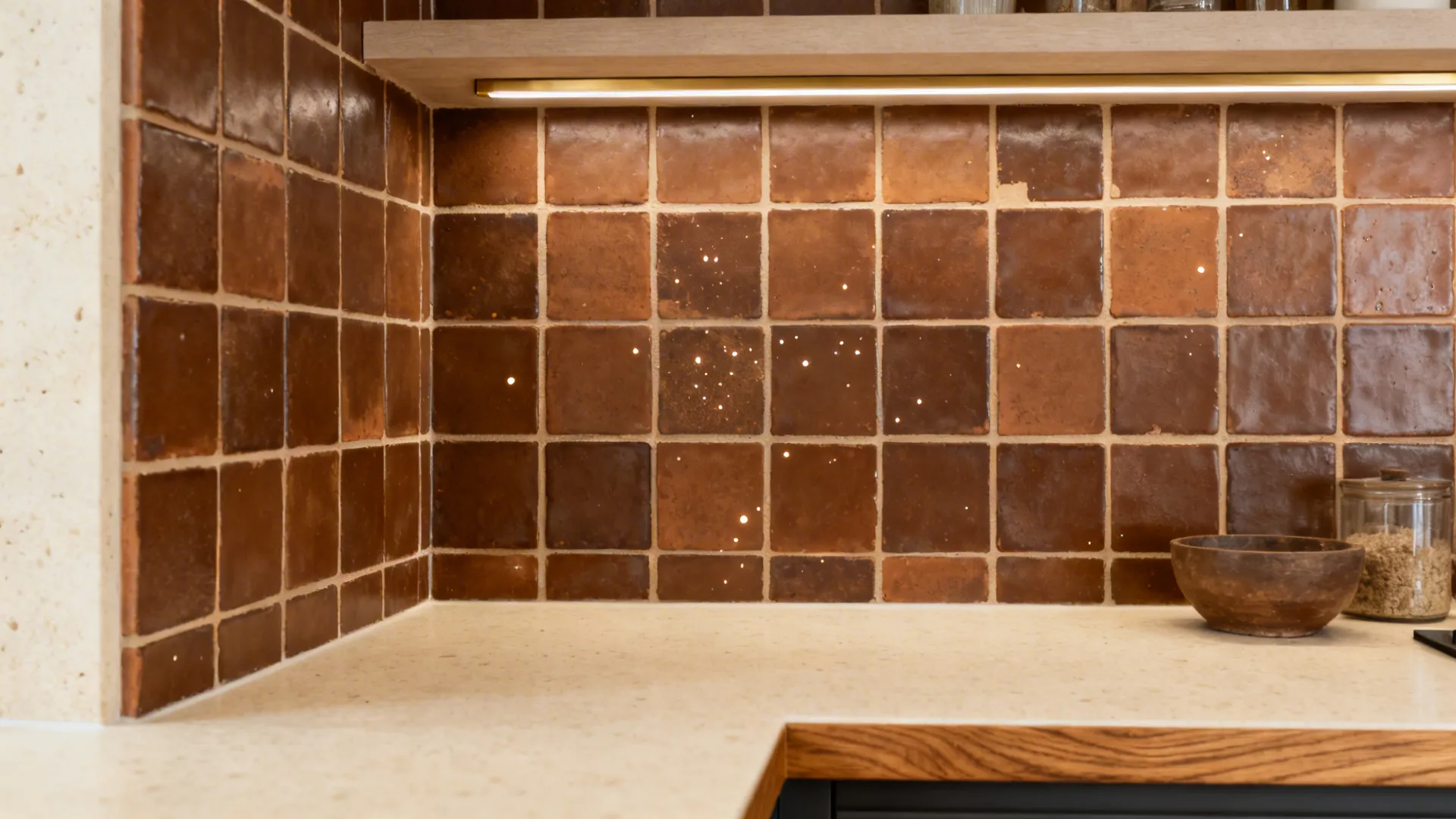 Matte chocolate zellige backsplash with warm beige grout above cream quartz and oak trim.