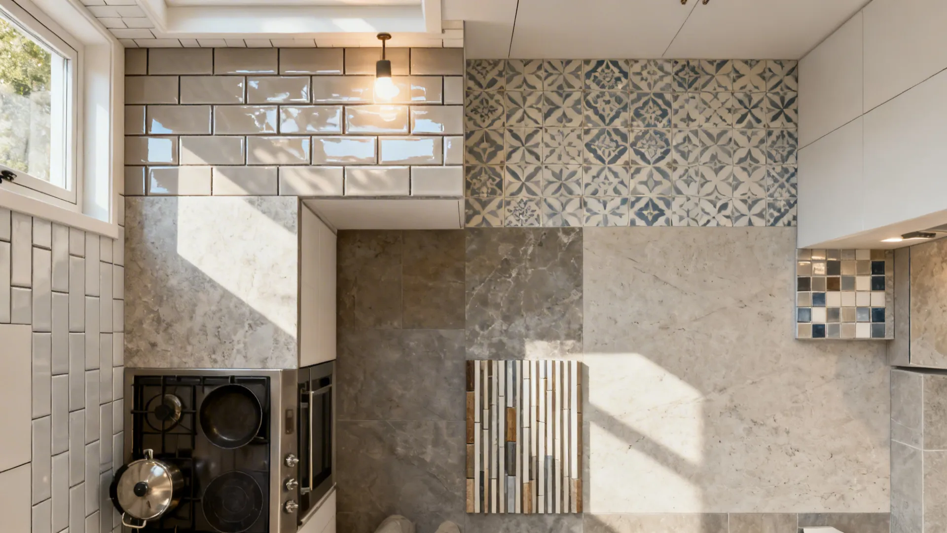 Top-down compact kitchen illustrating different backsplash choices by scenario with realistic materials.