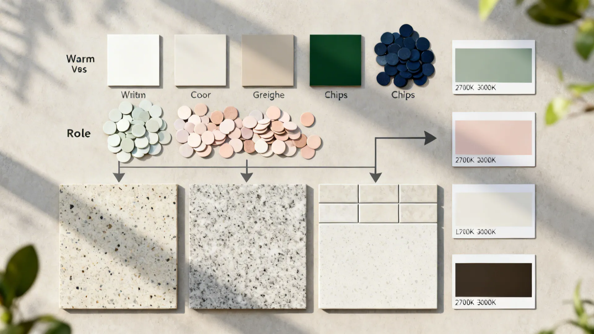 Top-down board with cabinet color swatches, counters, backsplash, and lighting cards